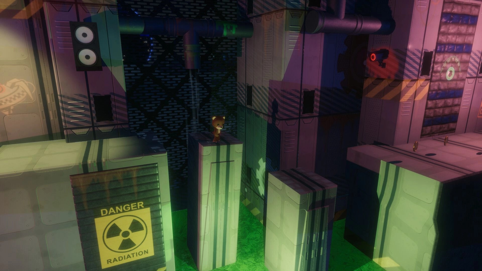 Restitched: Stuffy stands on a tall pillar above toxic sludge in an industrial room with pipes and lasers.