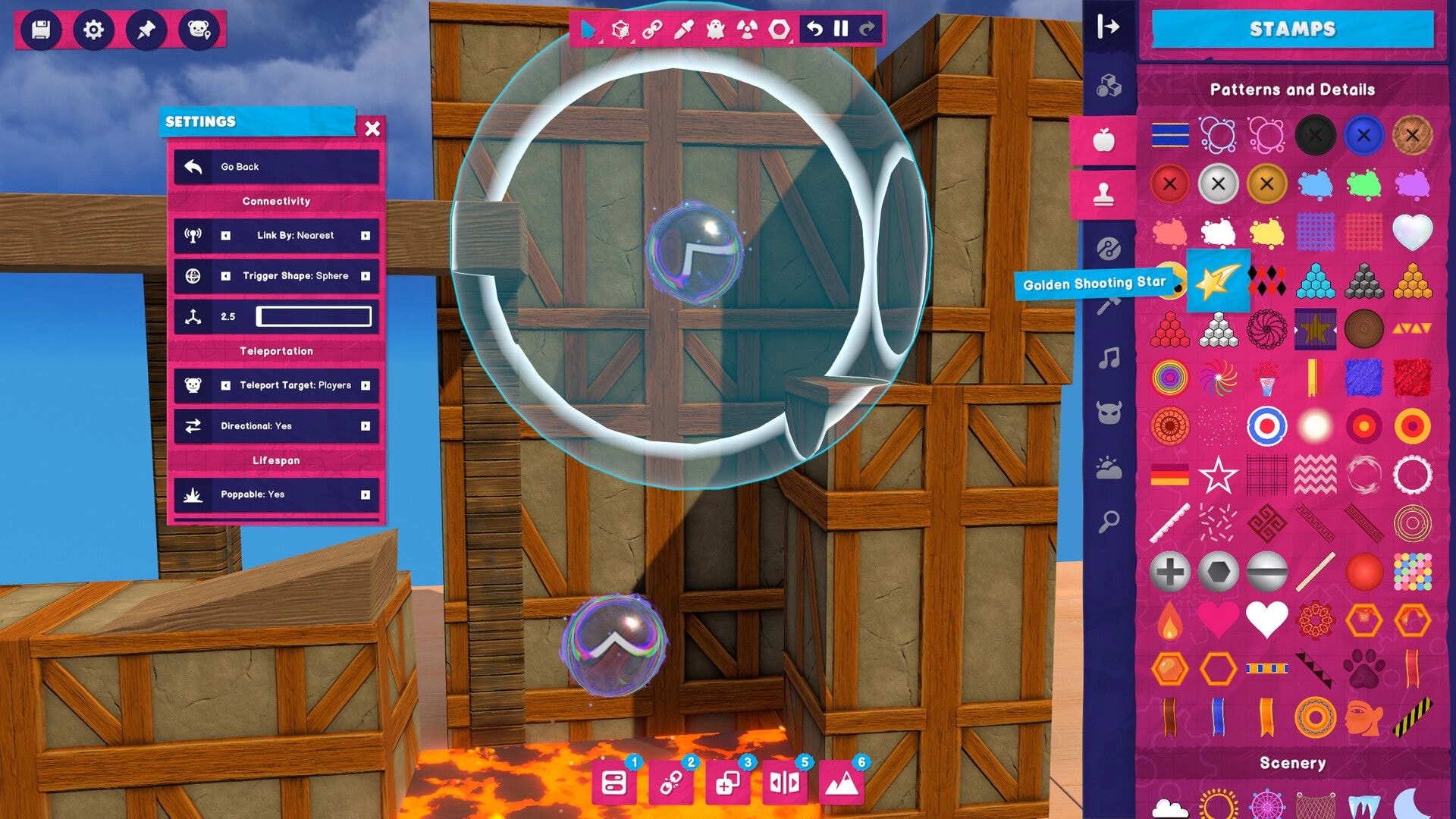 Restitched: Level editor with teleport bubble settings and stamps palette over wooden platform scene.