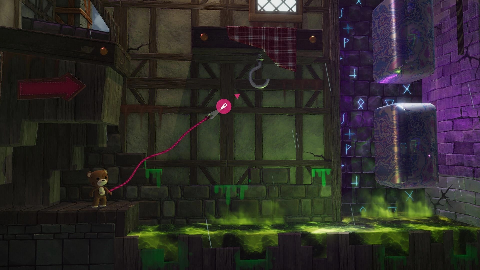 Restitched: Teddy character tethers a pink thread to a hook in a rainy room above toxic slime pit.