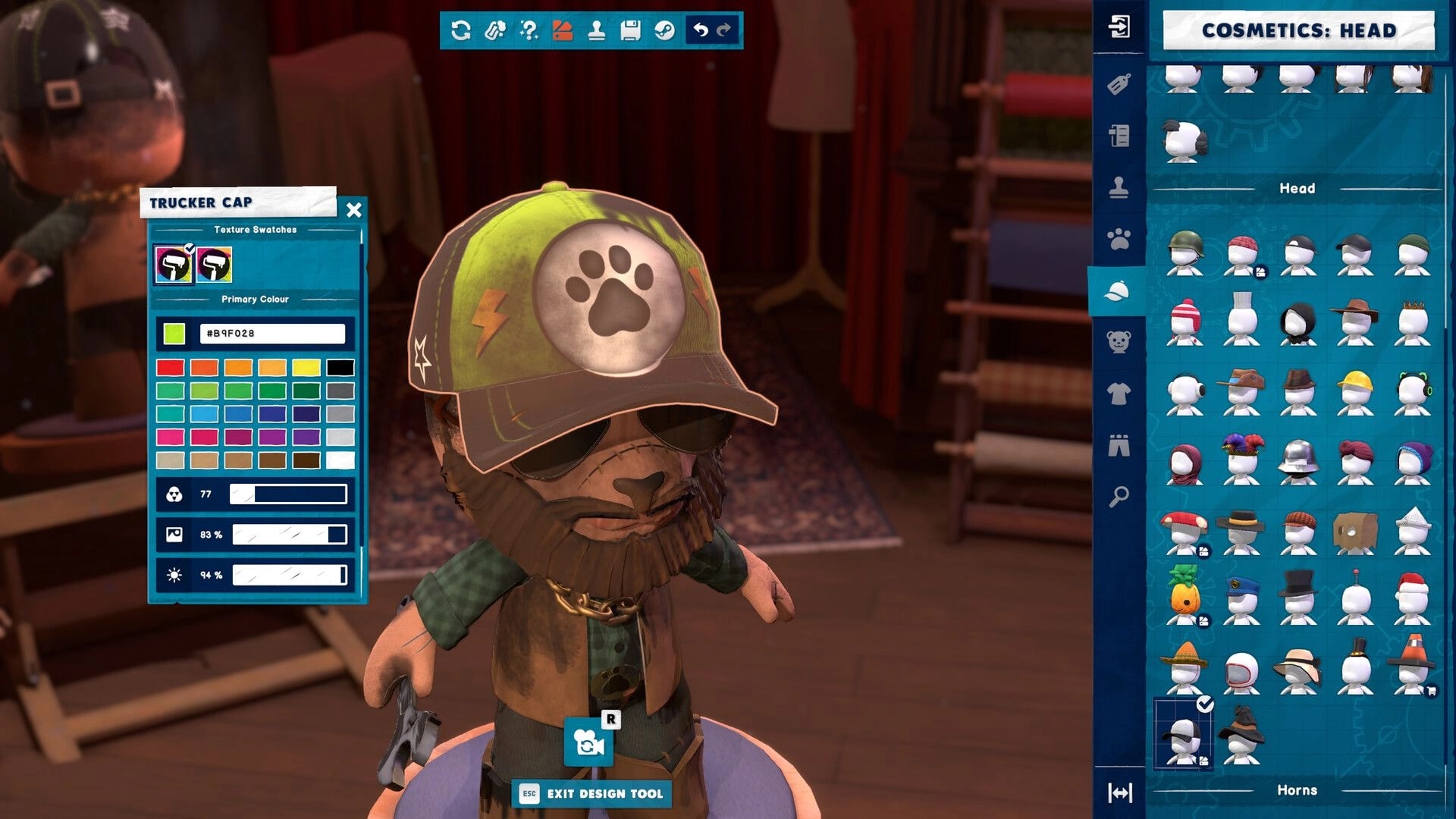 Restitched: Wardrobe head cosmetics menu editing a trucker cap color on a plush character in workshop room.