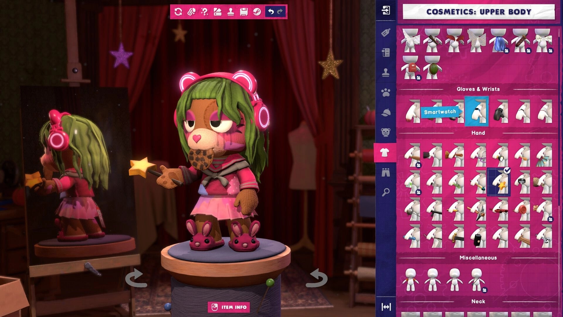 Restitched: Wardrobe cosmetics menu selecting smartwatch and wand on plush doll in cozy dressing room.