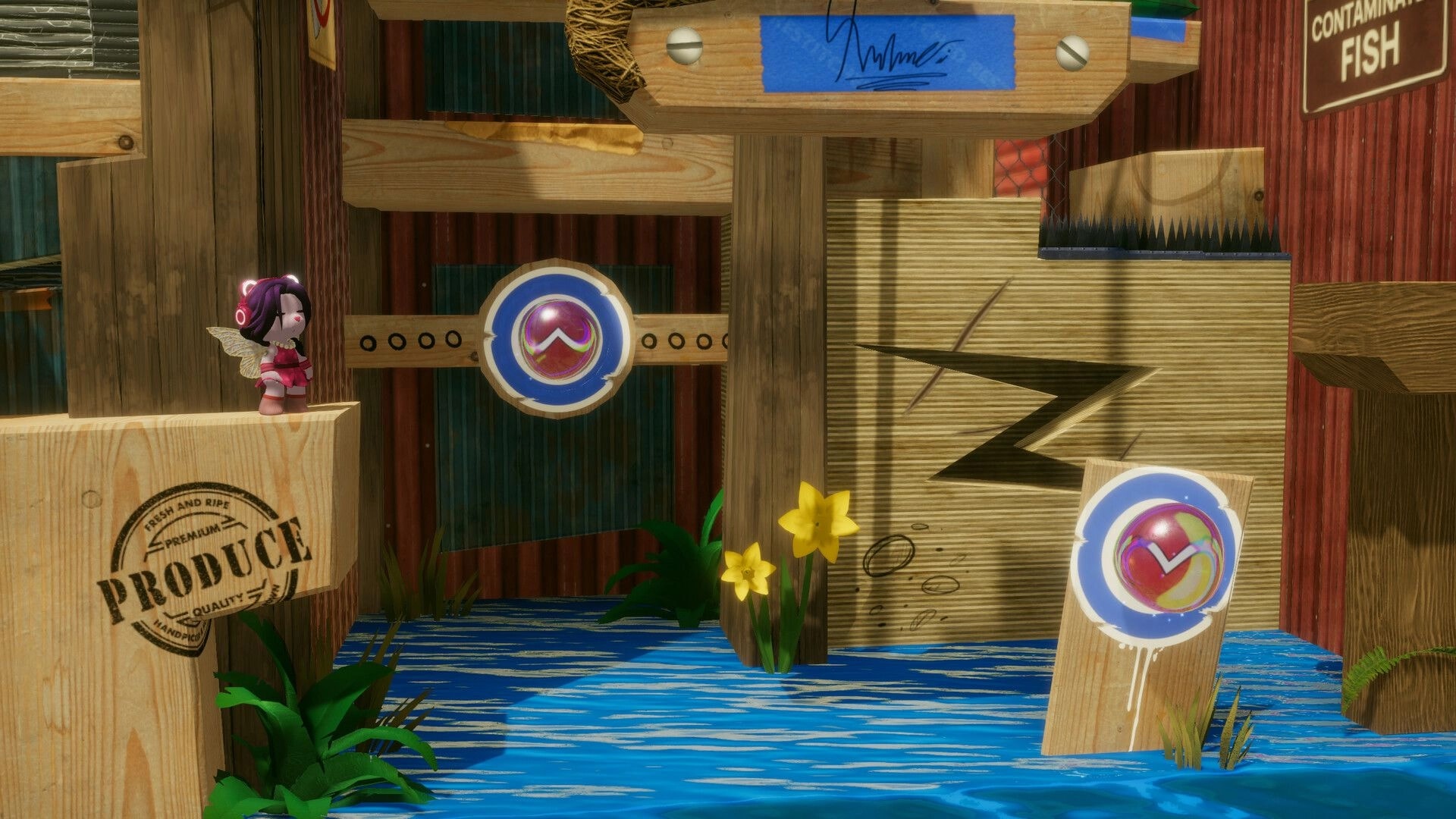 Restitched: Doll-like character stands on a produce crate in a wooden dock level above water.