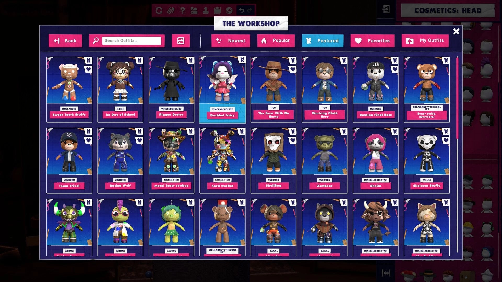 Restitched: Workshop outfits browser with plush character skins grid, search bar and Popular tab menu.