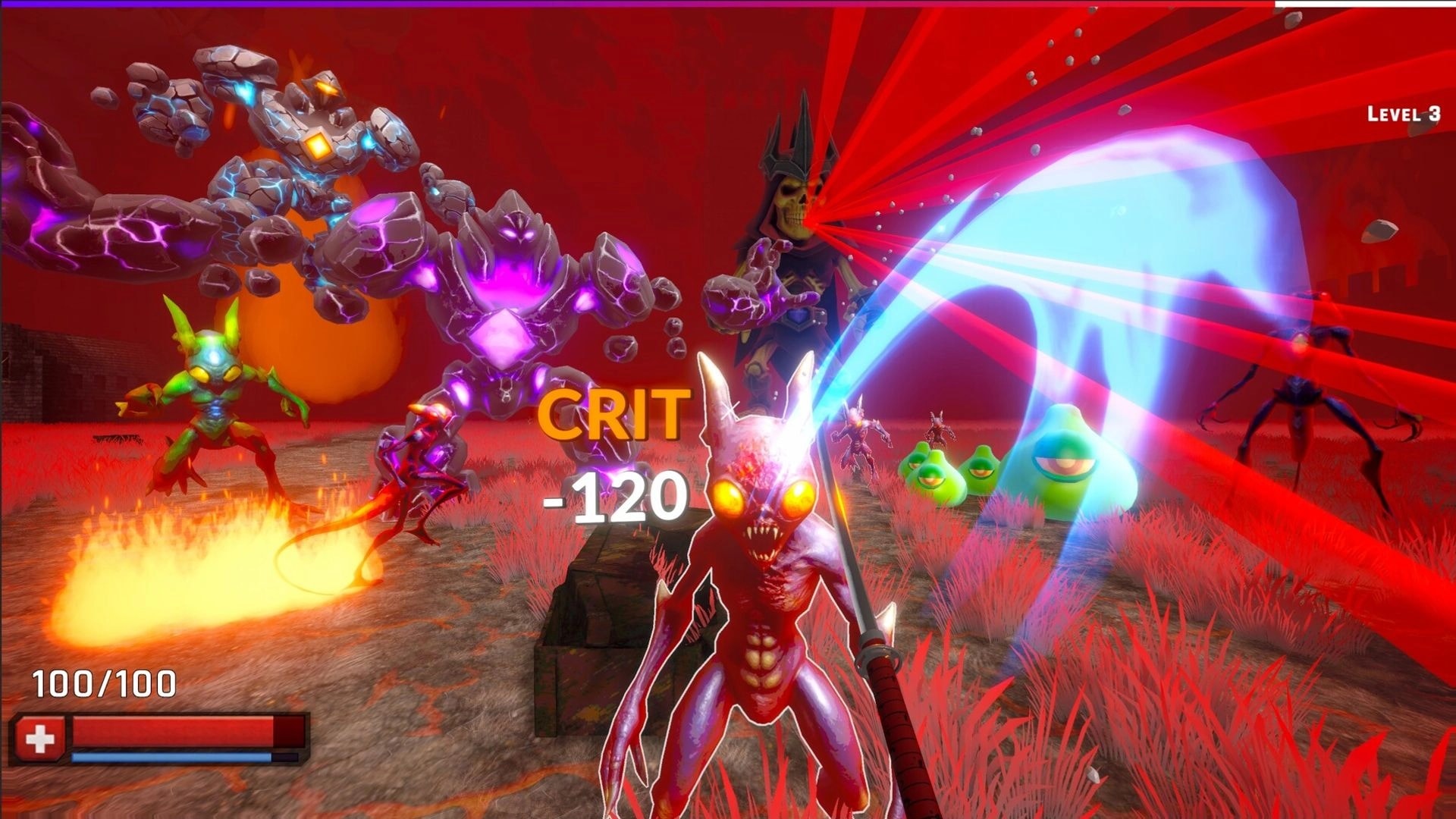 RIPCORE: First-person melee crit hits demon swarm in red hell arena, Level 3 and 100/100 HUD.