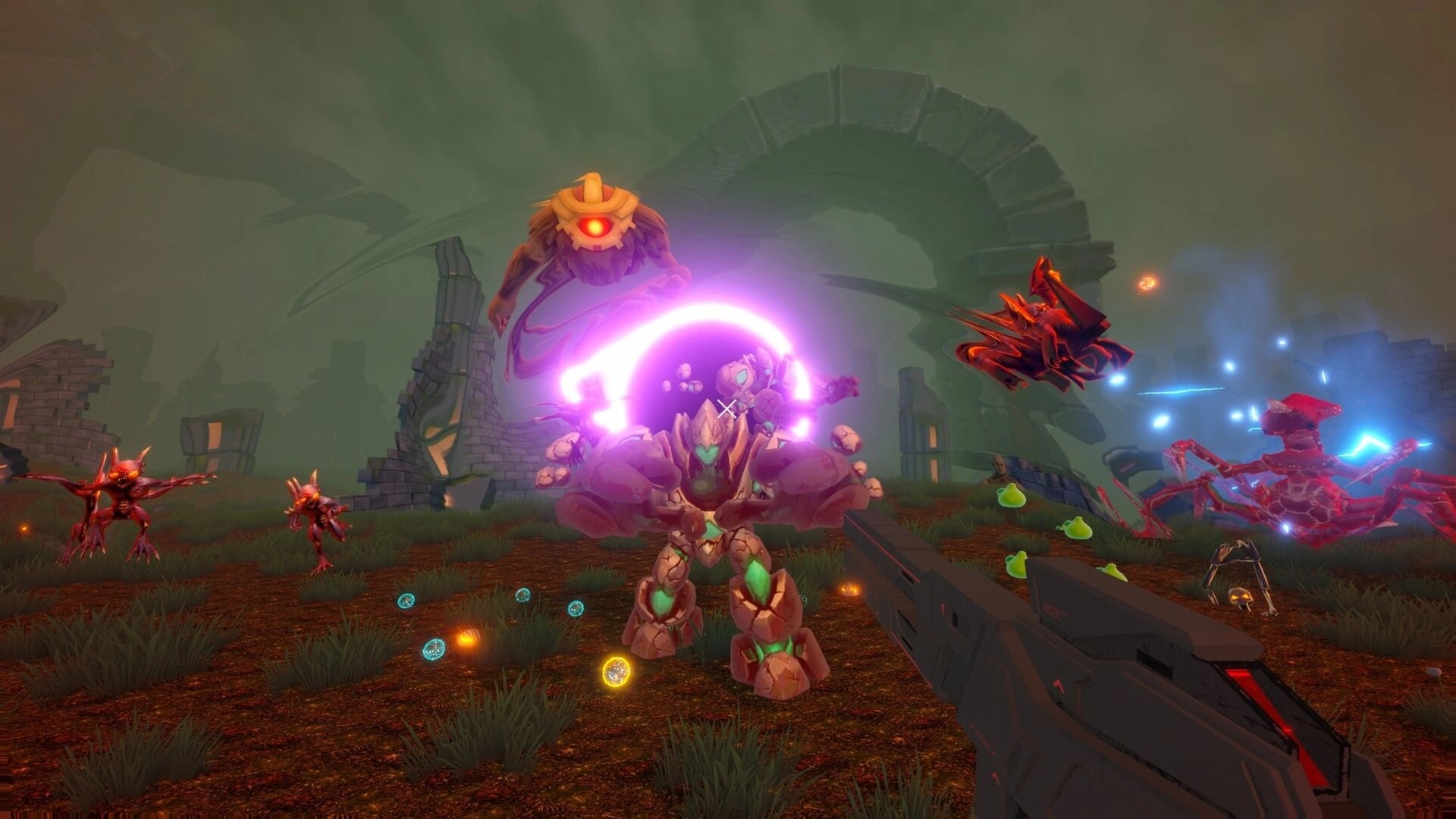 RIPCORE: First-person firefight with stone golem and demons amid ruined arches and glowing blasts.