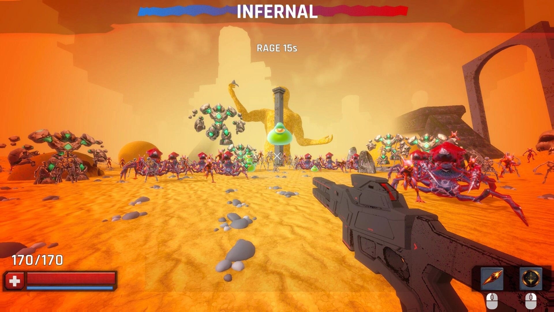 RIPCORE: First-person gunfight vs swarming demons in orange infernal arena, RAGE 15s UI bar.