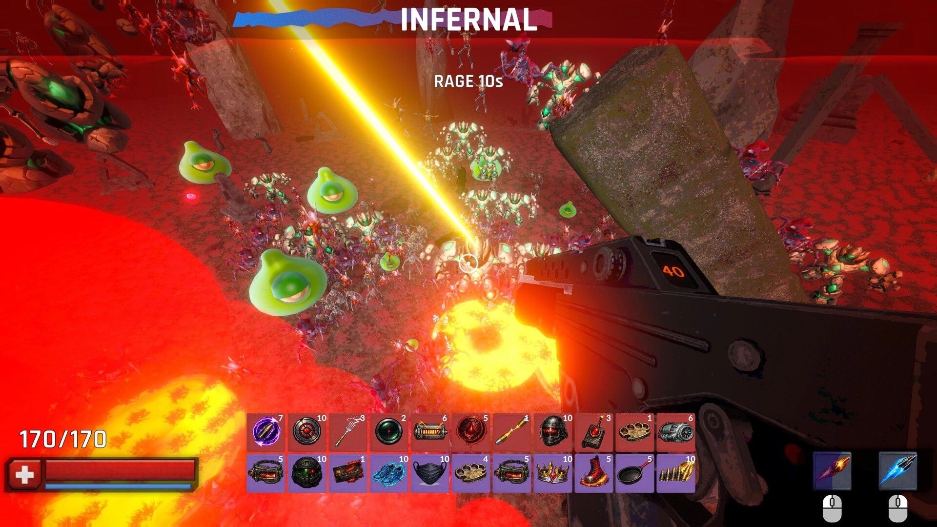 RIPCORE: First-person gunfire into demon swarm under INFERNAL RAGE timer in lava-lit arena HUD.