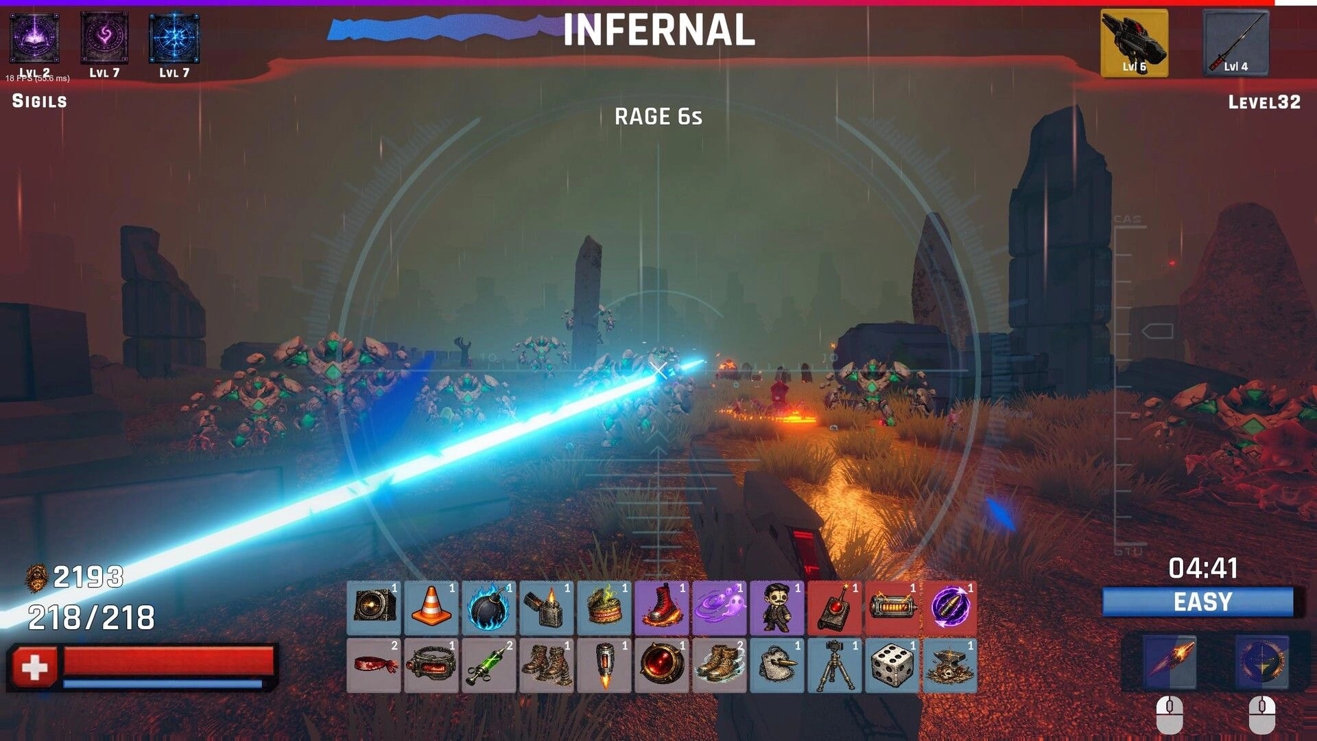 RIPCORE: First-person firefight with blue laser beam and item bar in rainy Infernal arena.