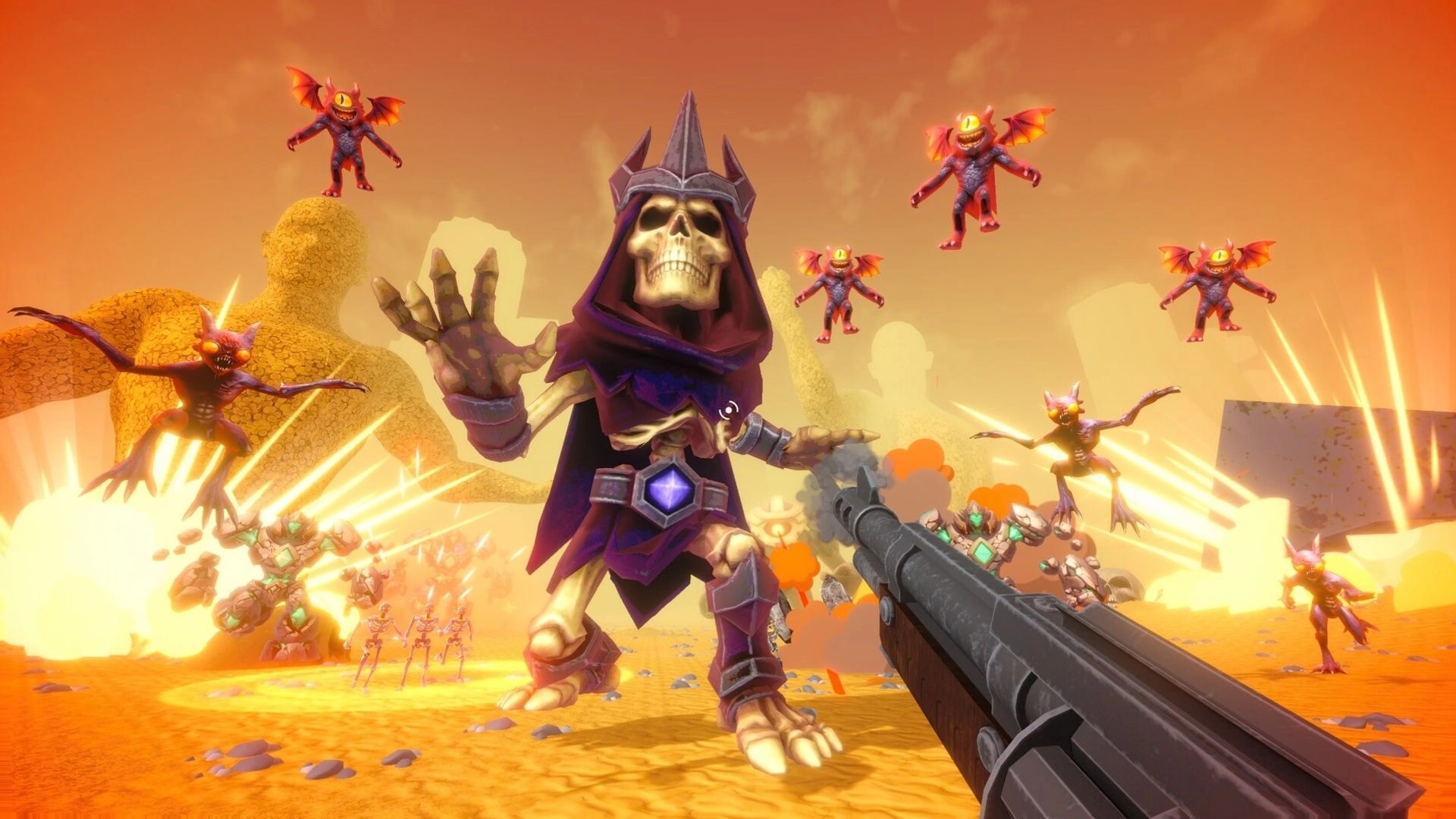 RIPCORE: First-person shotgun aimed at a hooded skeleton boss amid fiery explosions and demons in hellscape.