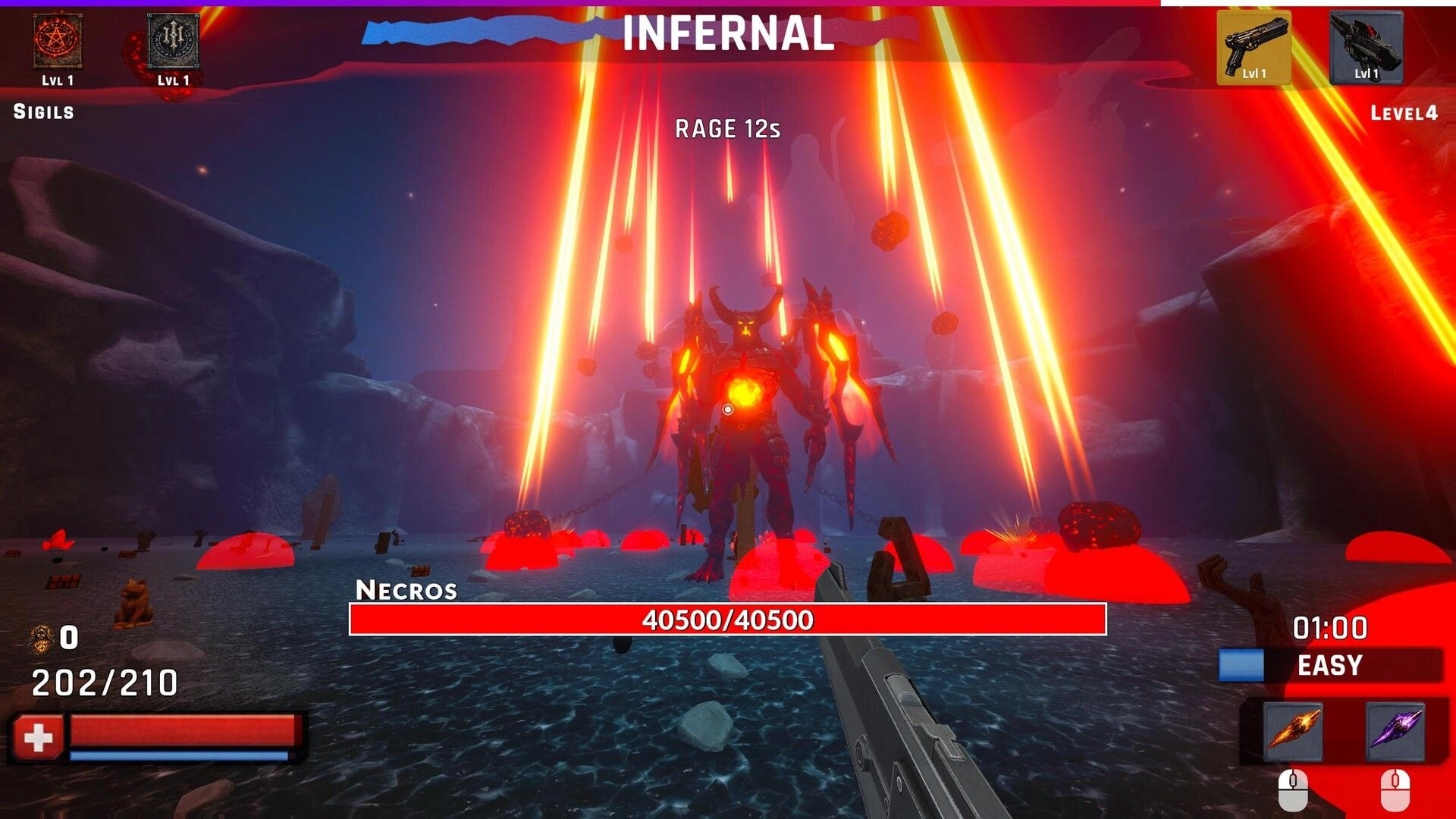 RIPCORE: Boss fight vs Necros with huge health bar in Infernal cavern, rage timer and FPS HUD visible.