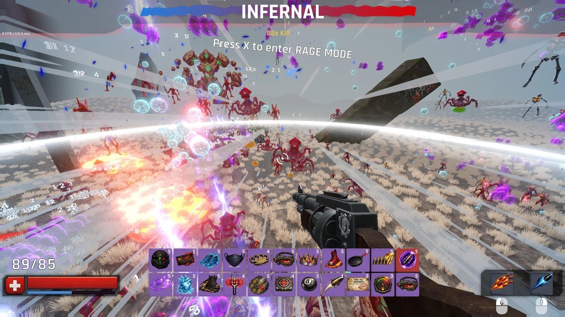 RIPCORE: First-person firefight amid swarming demons, Rage Mode prompt, and stacked loot bar in Infernal arena.