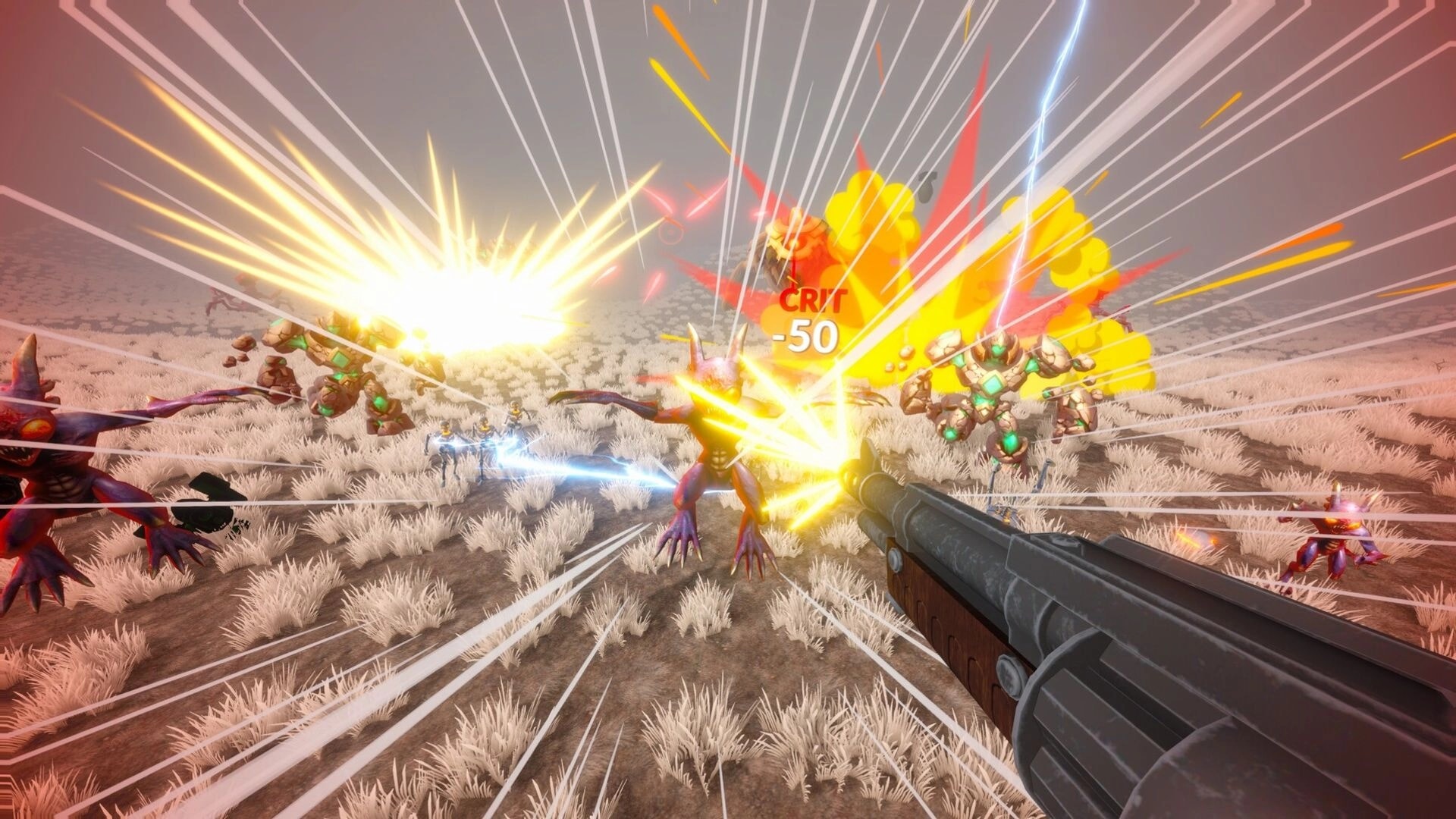 RIPCORE: Shotgun blast hits a demon with CRIT -50 pop-up amid explosions on a barren field.