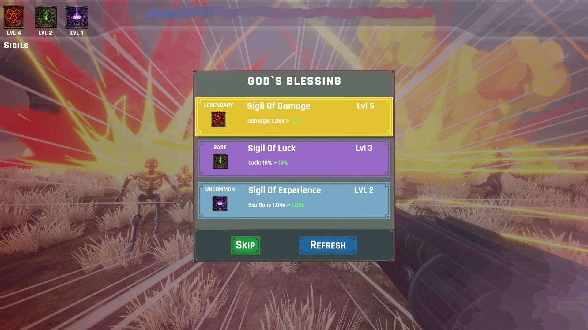 RIPCORE: God’s Blessing sigil upgrade menu over FPS battlefield with skeletons and explosions behind.