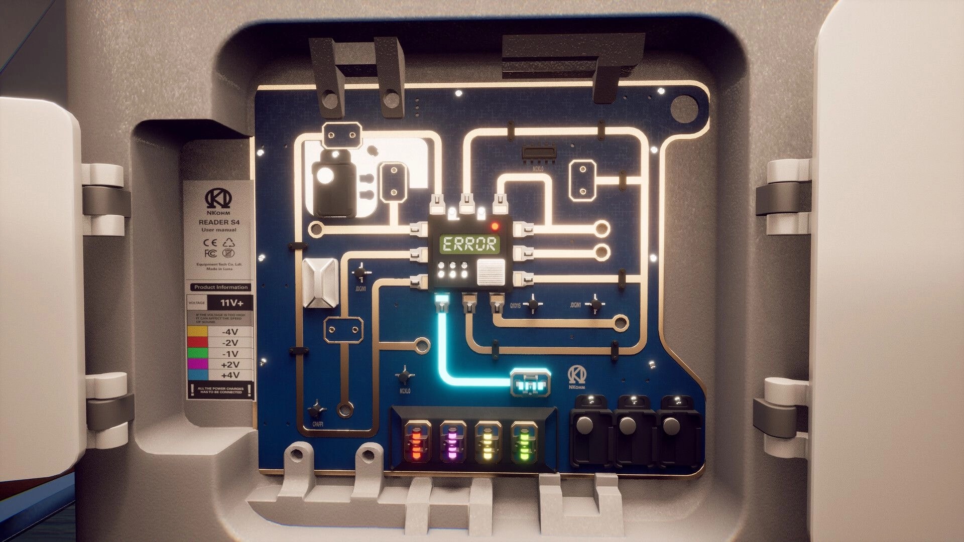 Rivage: Circuit board puzzle panel with glowing traces and ERROR display inside a space station bay.