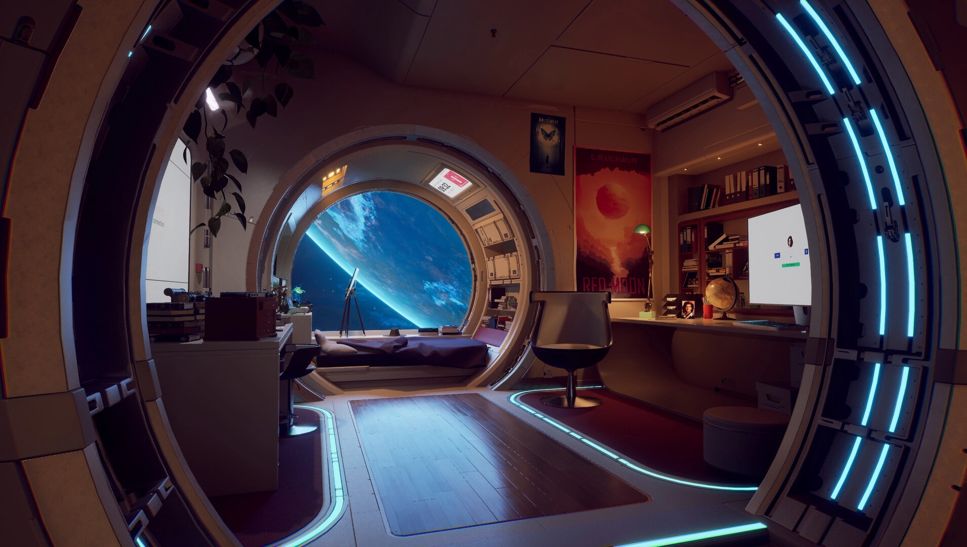 Rivage: Cozy space station cabin with desk terminal and bed, circular window framing Earth outside.