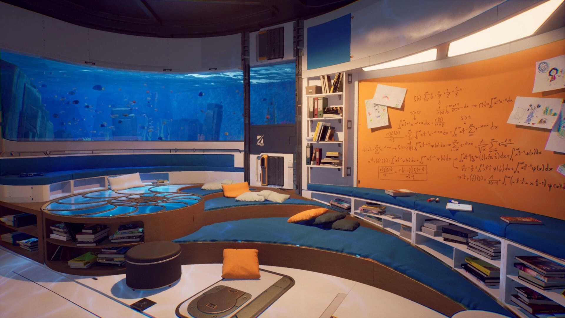 Rivage: Cozy lounge with books, cushions, and a chalkboard of equations beside a huge window to space.