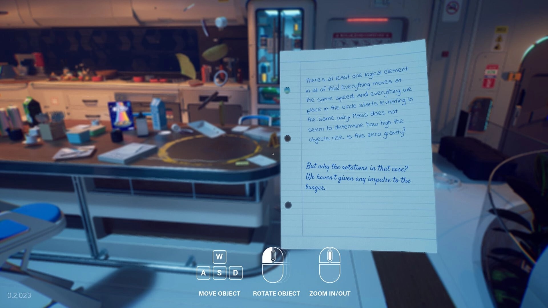 Rivage: Reading a handwritten note while object-move controls overlay a cluttered space station lab.