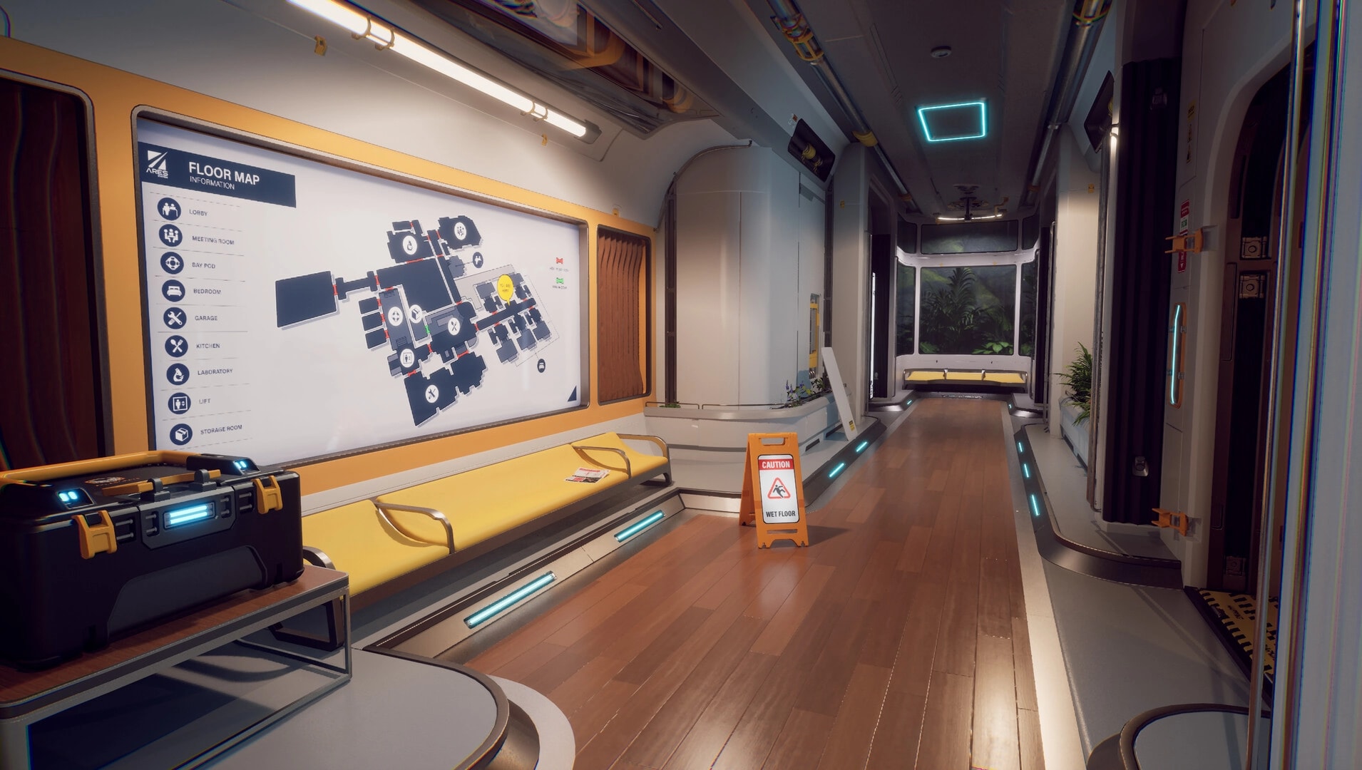 Rivage: Floor map wall display beside yellow bench and wet floor sign in sleek station hallway.