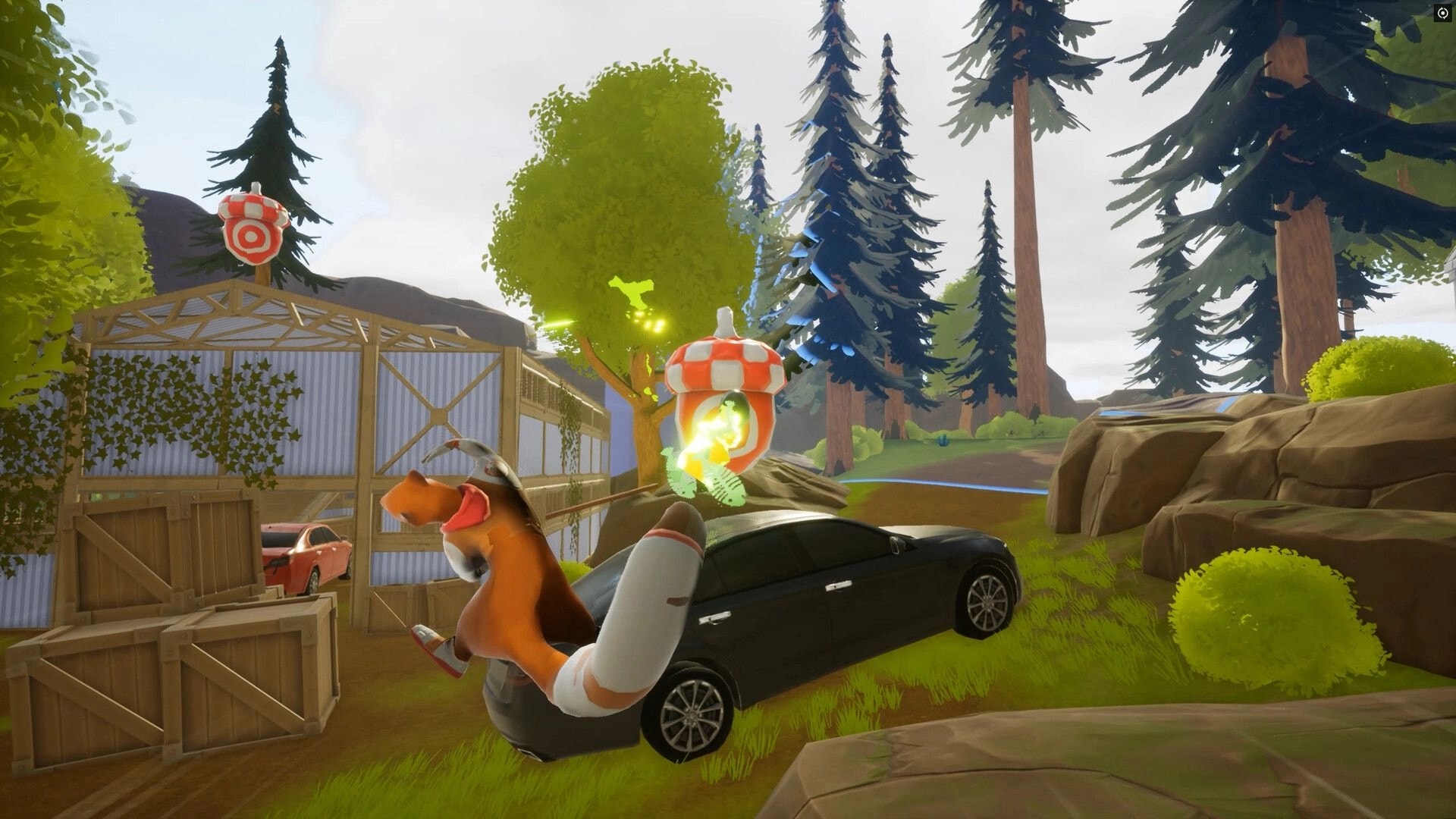 Rodent Rumble: Rodent fires glowing weapon atop black car near barn and pine forest with targets.