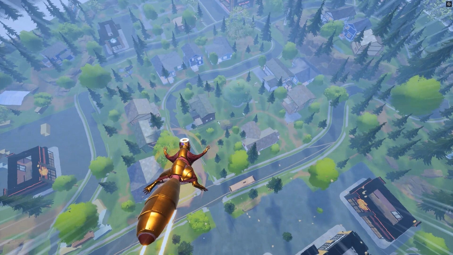 Rodent Rumble: Player glides above a suburban map with roads, houses, trees, and water below.