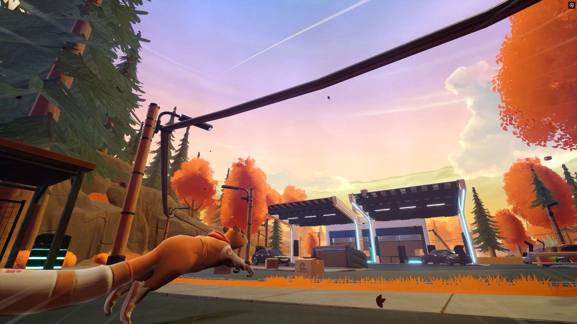 Rodent Rumble: Cat-like rodent avatar crouches near a gas station with cars, boxes, and autumn trees.