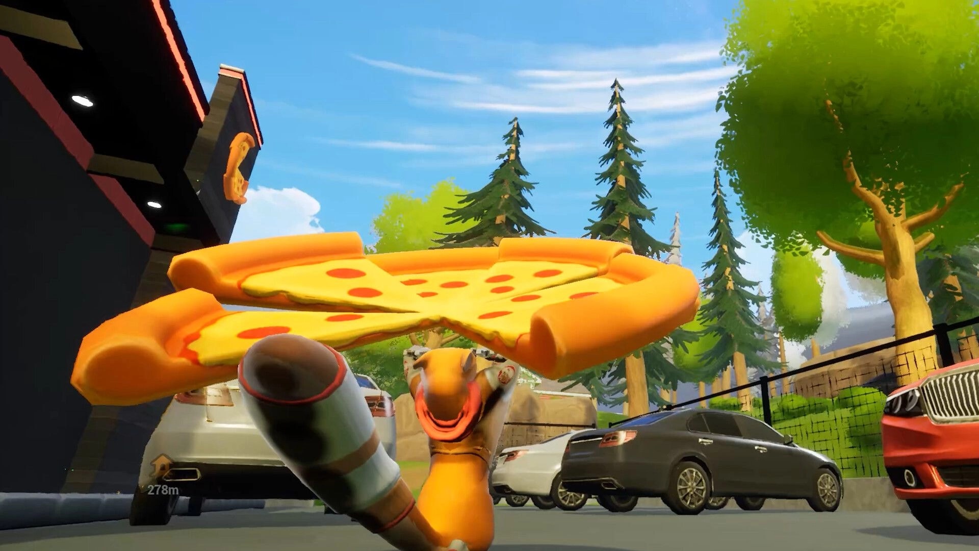 Rodent Rumble: Rodent hoists giant pizza slice overhead in parking lot beside cars and tall trees.