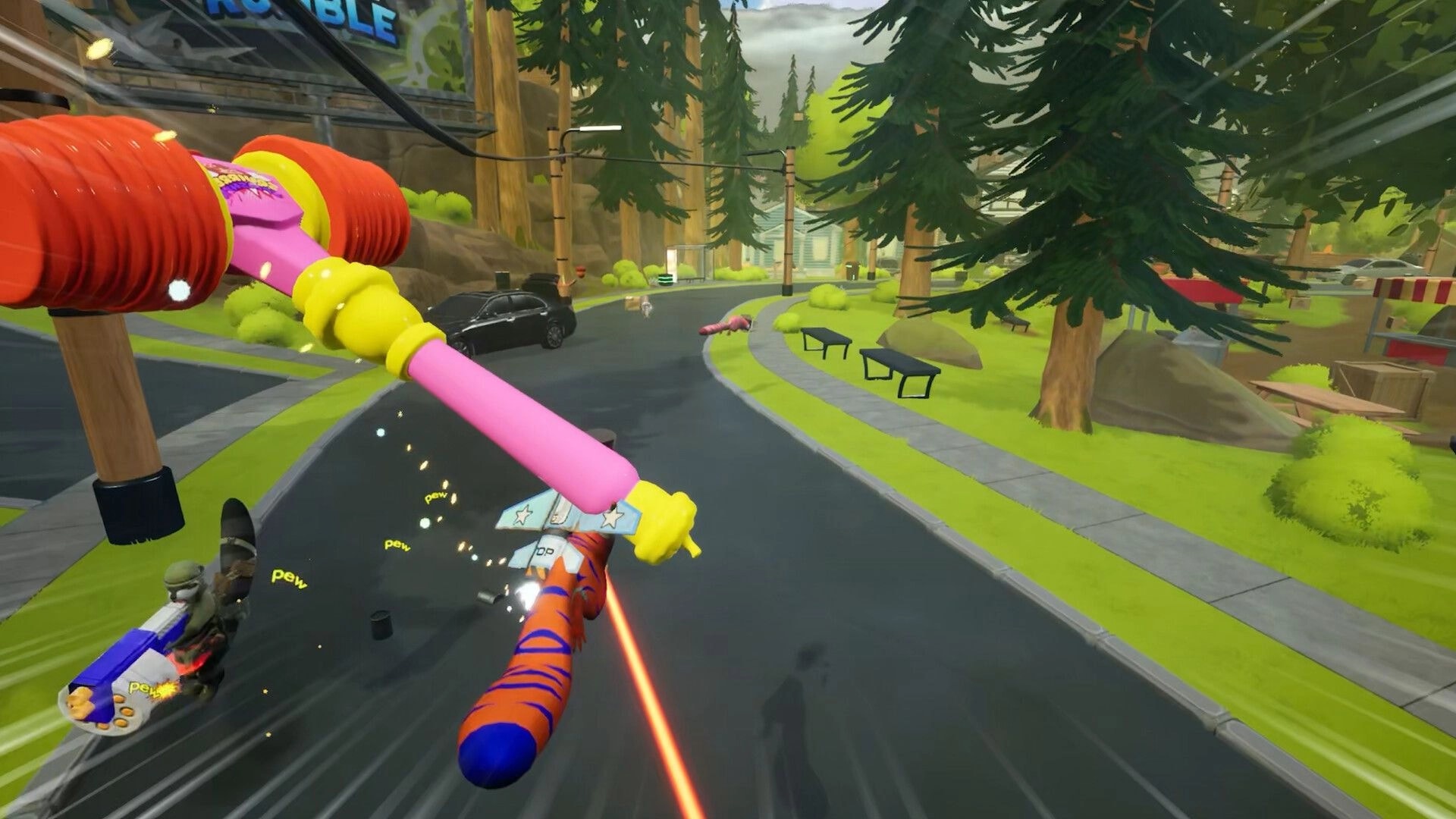 Rodent Rumble: First-person melee swing with giant toy hammer on a forest neighborhood street battle.
