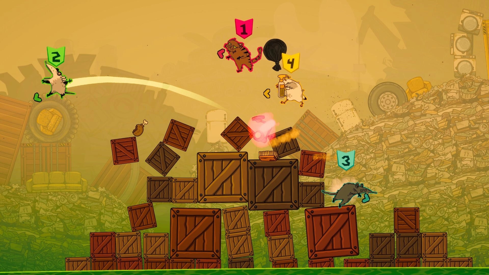 Royal Vermin: Four critters battling on stacked crates in a junkyard with floating health icons