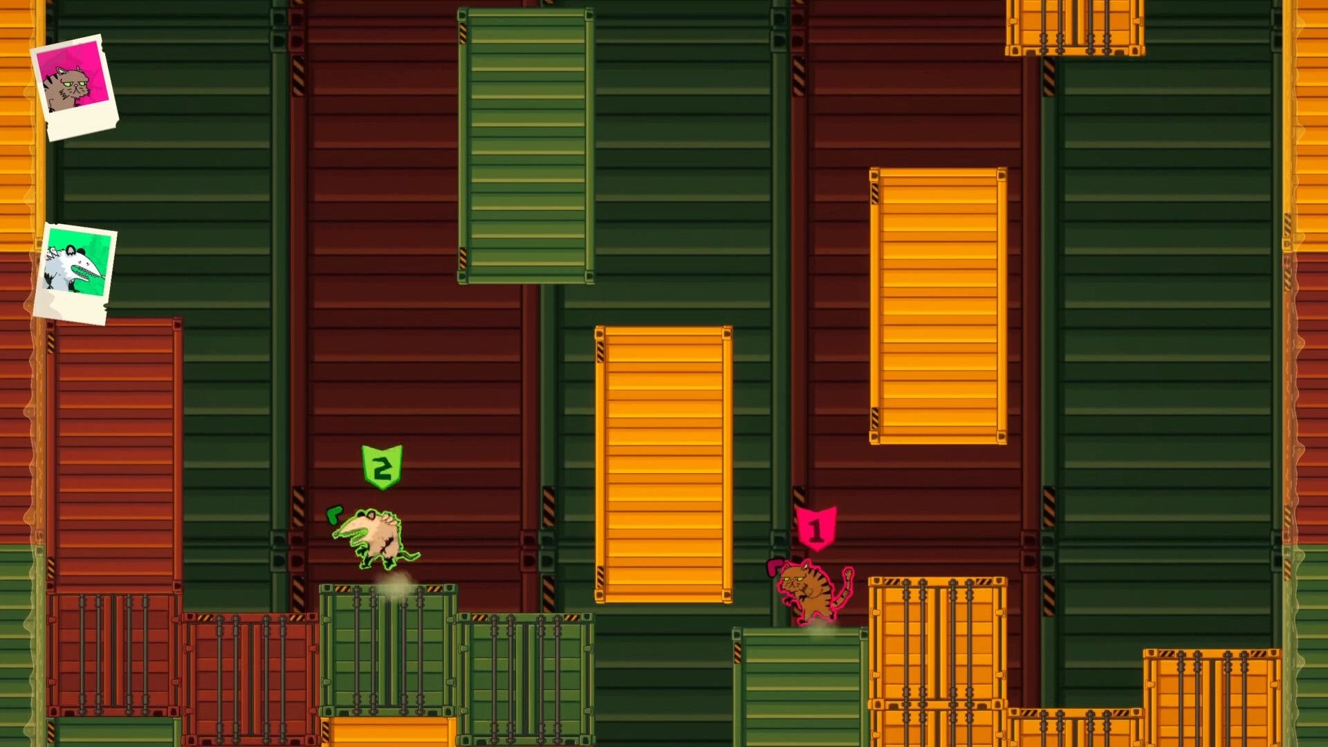 Royal Vermin: Two critters in a colorful cargo container arena with player icons and polaroids visible.