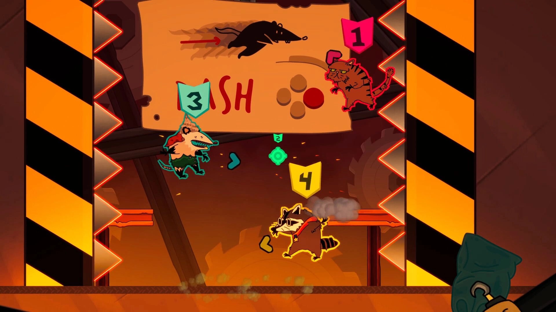 Royal Vermin: Four critters battling in a trash heap arena with score indicators and hazard signs.
