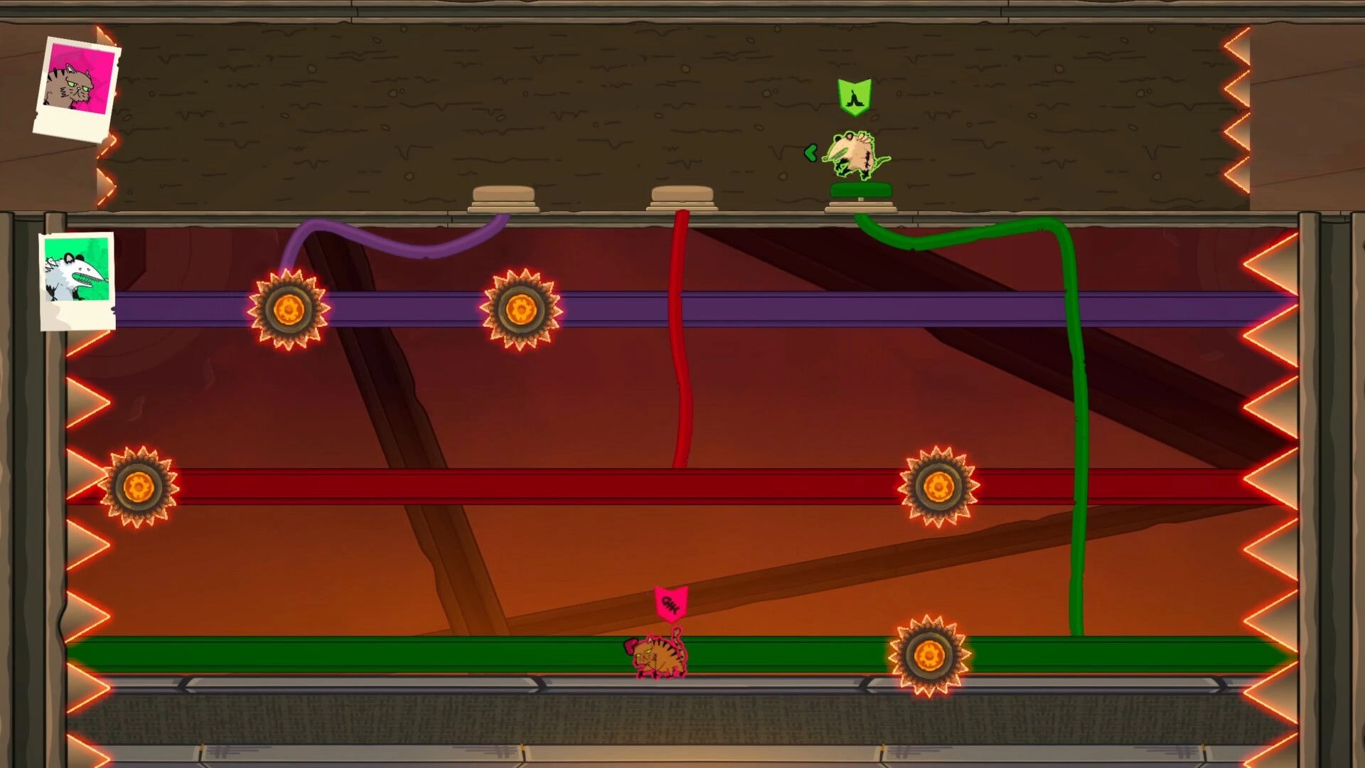 Royal Vermin: Two critters navigate spinning saws on colored beams in a vertical trash-filled arena.