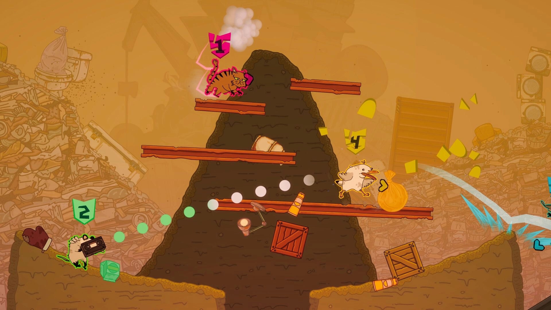 Royal Vermin: Critters climb trash heap, battling on wooden platforms in a chaotic junkyard setting.