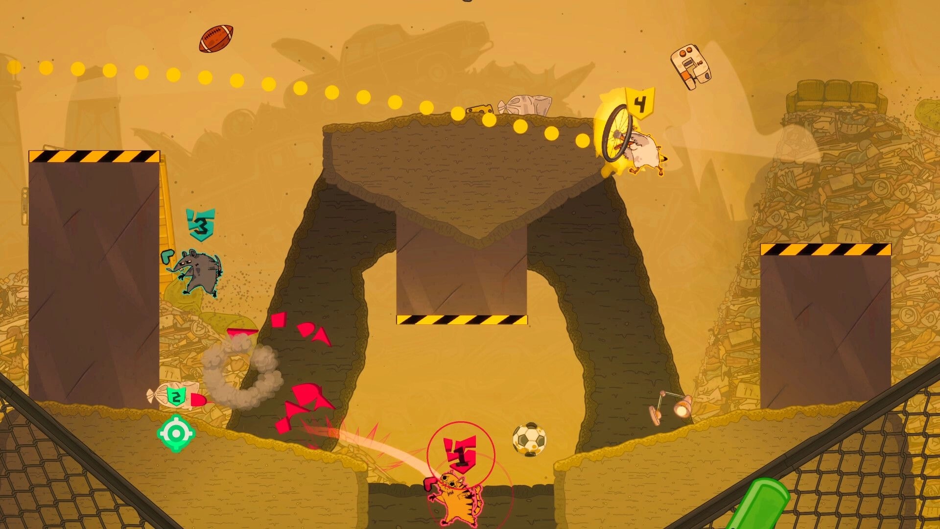 Royal Vermin: Critters battle with thrown objects in a chaotic trash pile environment, aiming for victory.