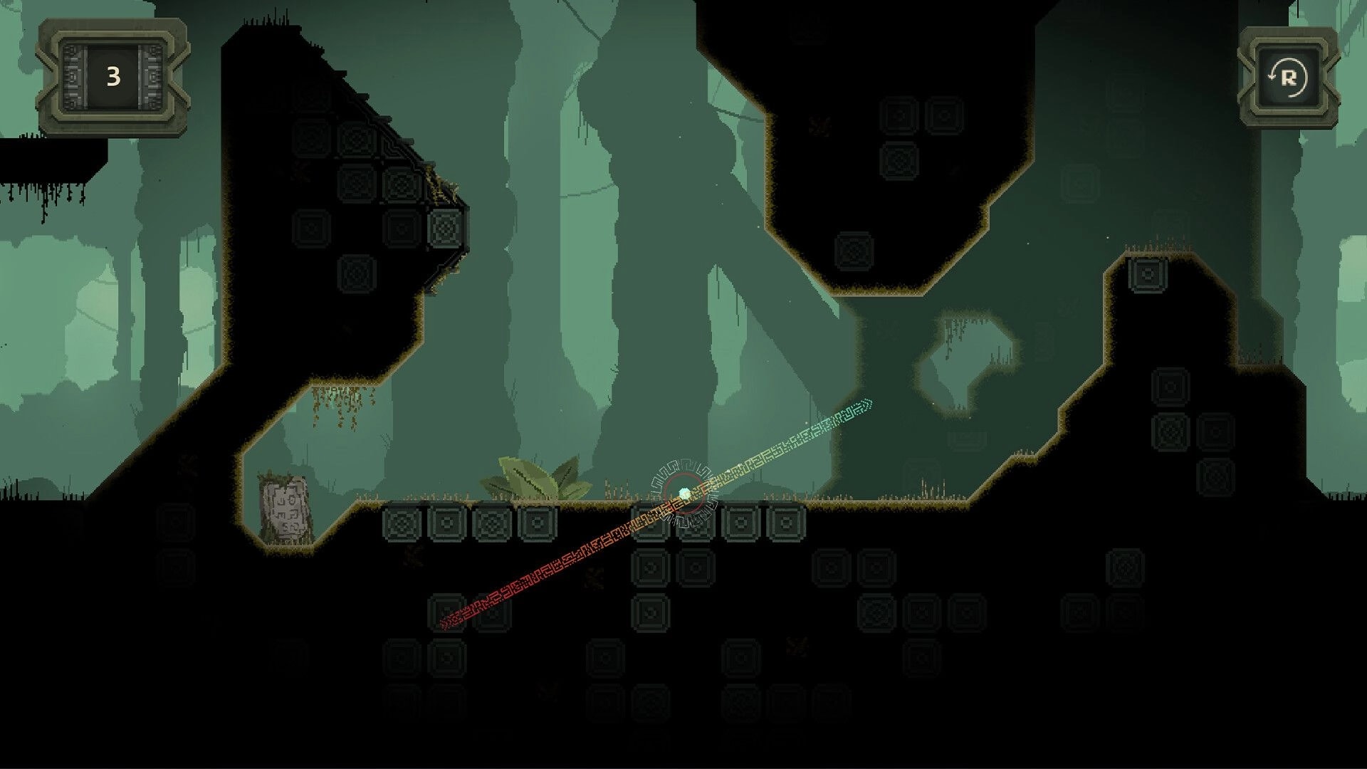 Rune Golf: Aiming a glowing ball with red and blue trajectory lines in mossy stone cavern ruins.