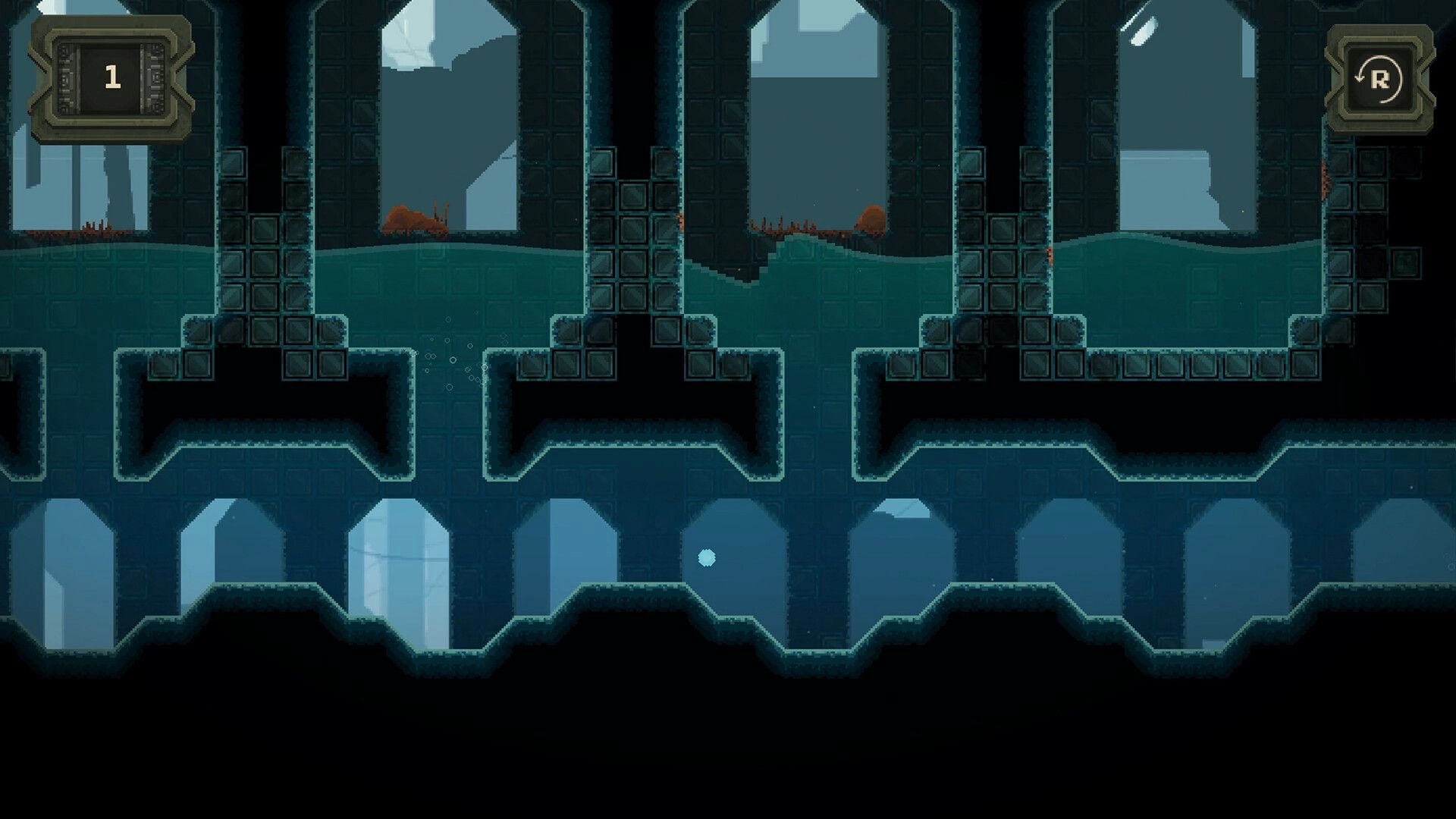 Rune Golf: White golf ball in tiled ruin corridor with water pools, UI stroke counter 1 and reset icon.