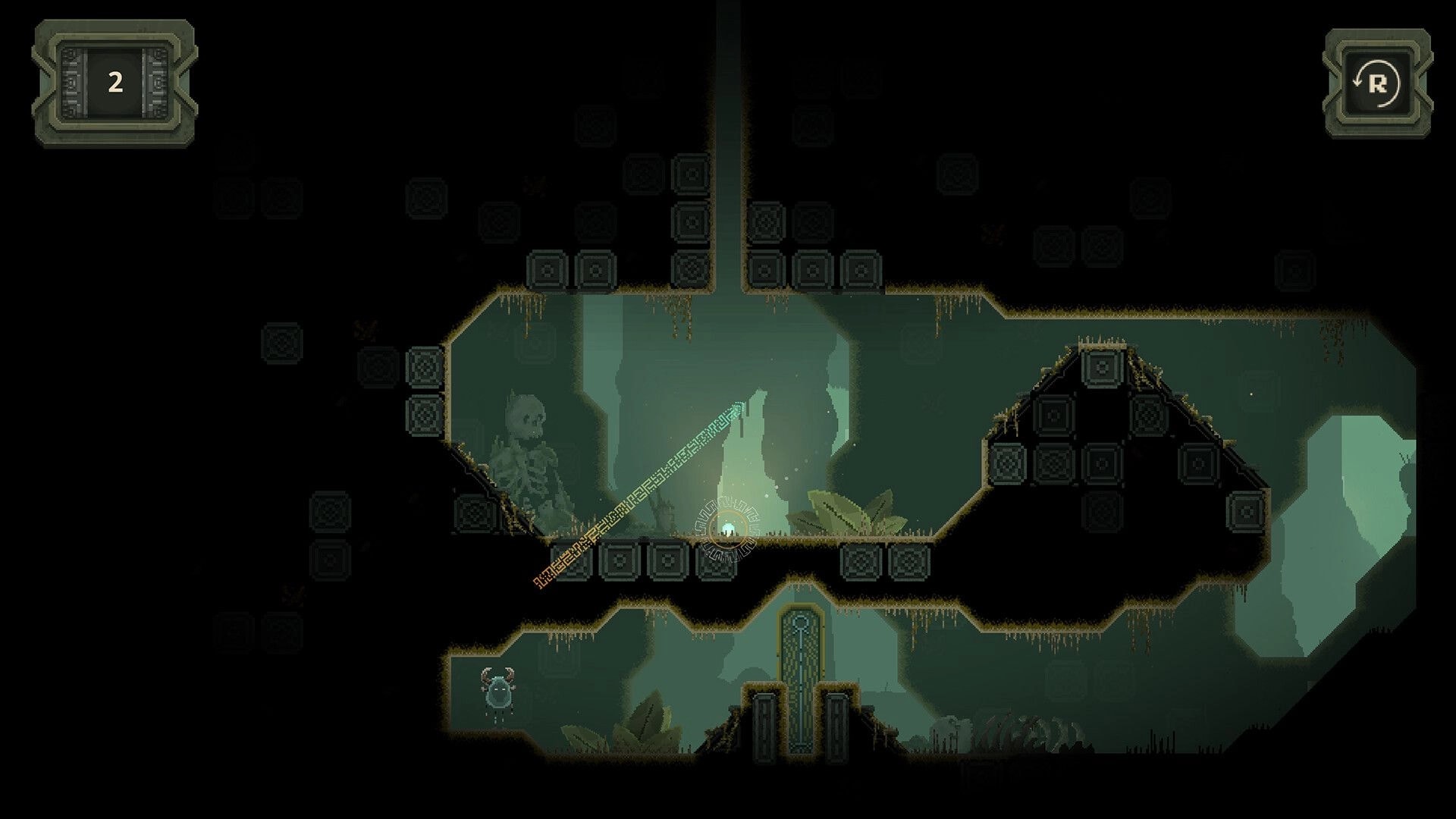 Rune Golf: Aiming line from glowing ball toward ledges in mossy cave ruins with stone blocks UI.