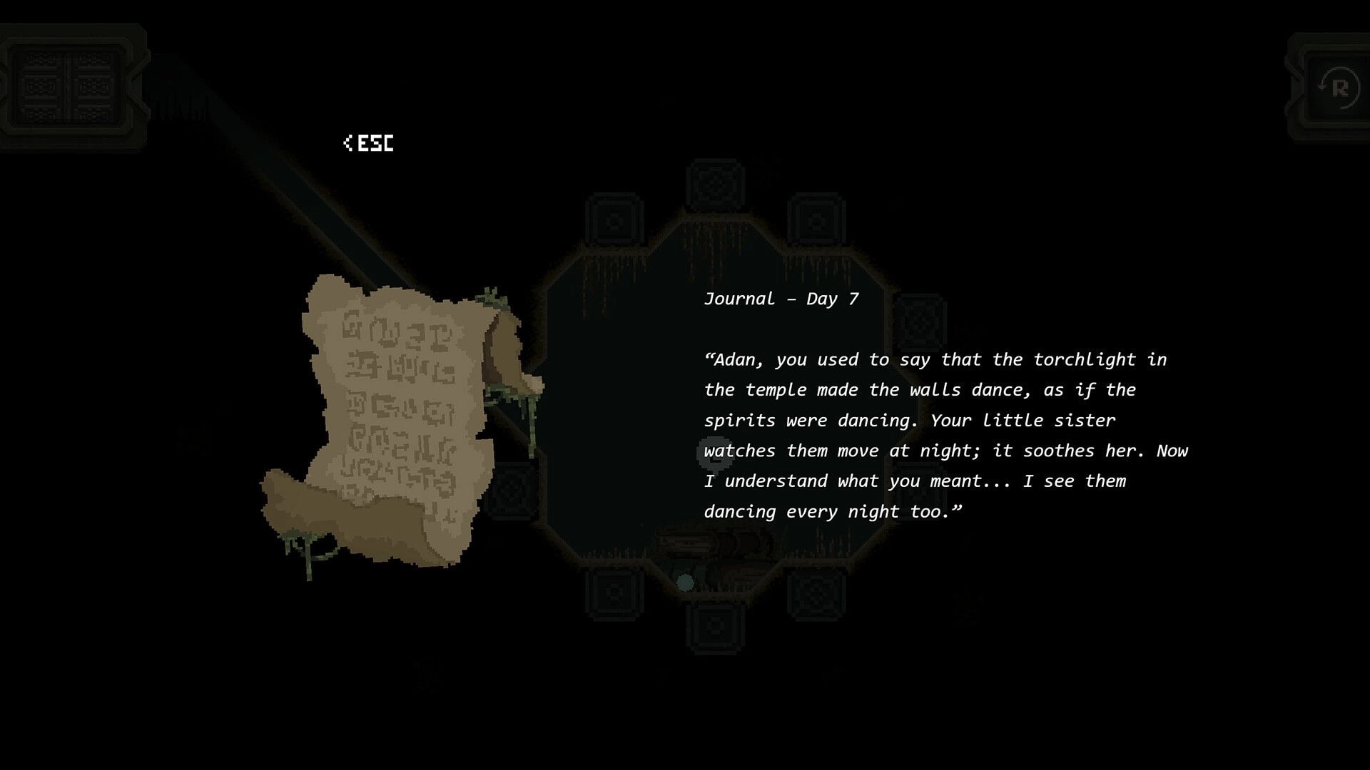 Rune Golf: Journal Day 7 text overlay beside rune scroll UI in a dim temple chamber with stone blocks.