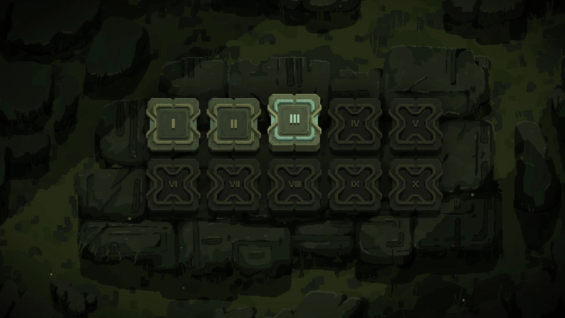 Rune Golf: Level select tiles with Roman numerals, III highlighted on a mossy stone ruin wall.