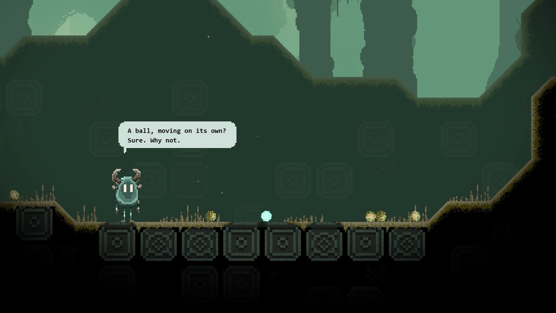Rune Golf: Horned statue NPC speaks in dialogue box as glowing ball rests in mossy ruins corridor.