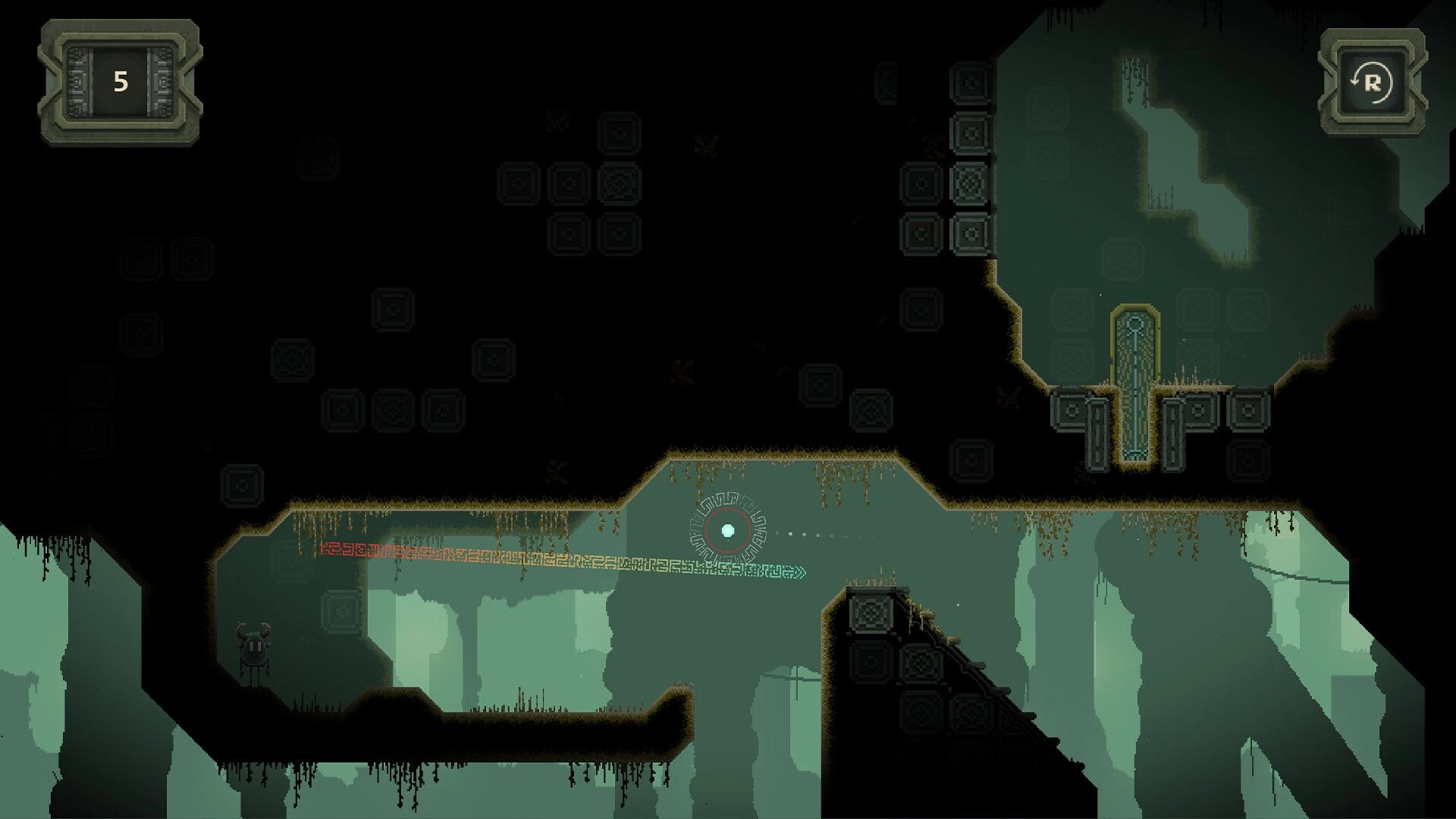 Rune Golf: Golf ball aiming line over rune ring in mossy ruins, stroke counter 5 and restart icon.