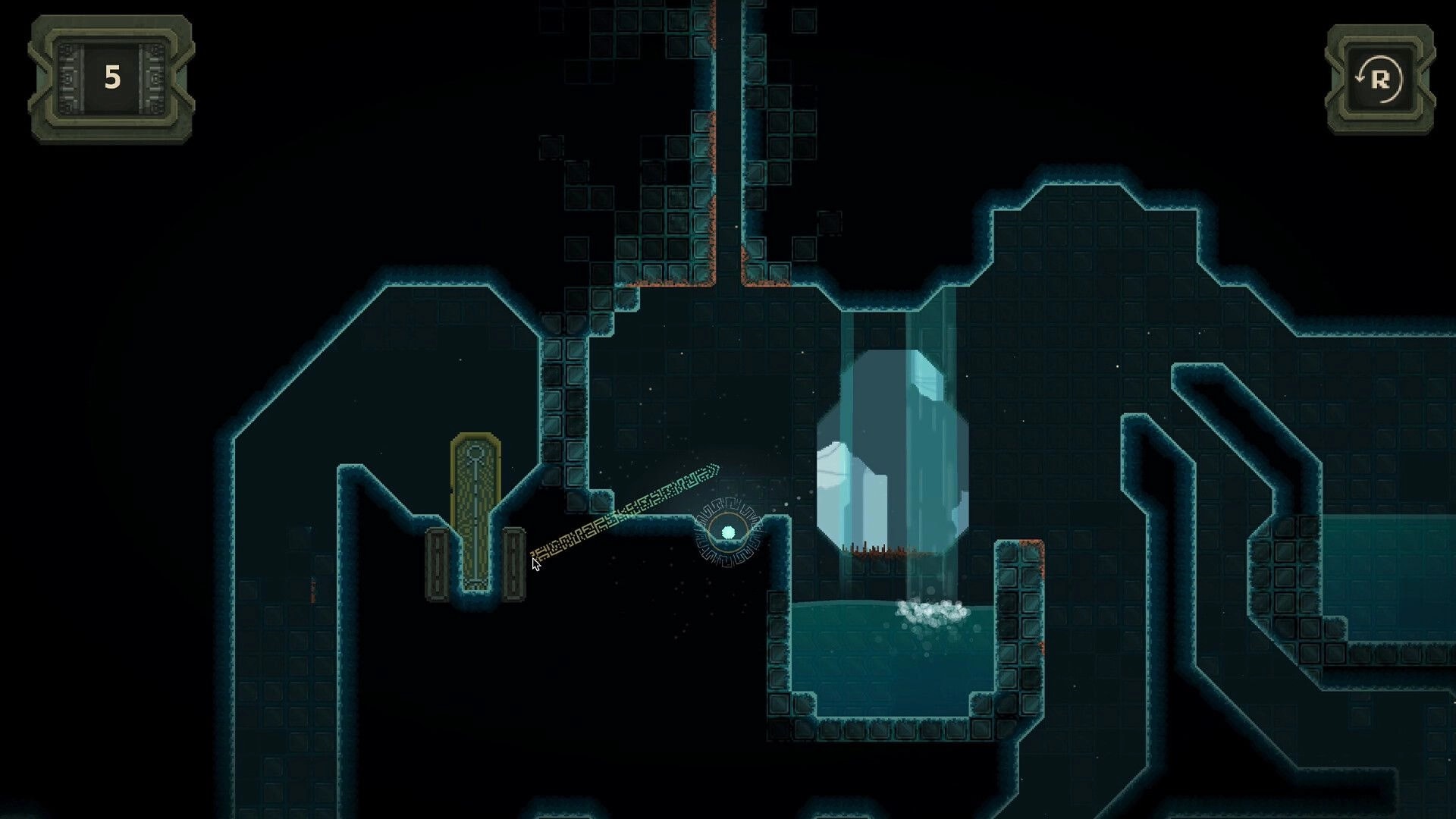 Rune Golf: Aiming line from tee toward a rune portal beside a waterfall pool in dark ruins, stroke 5 UI.