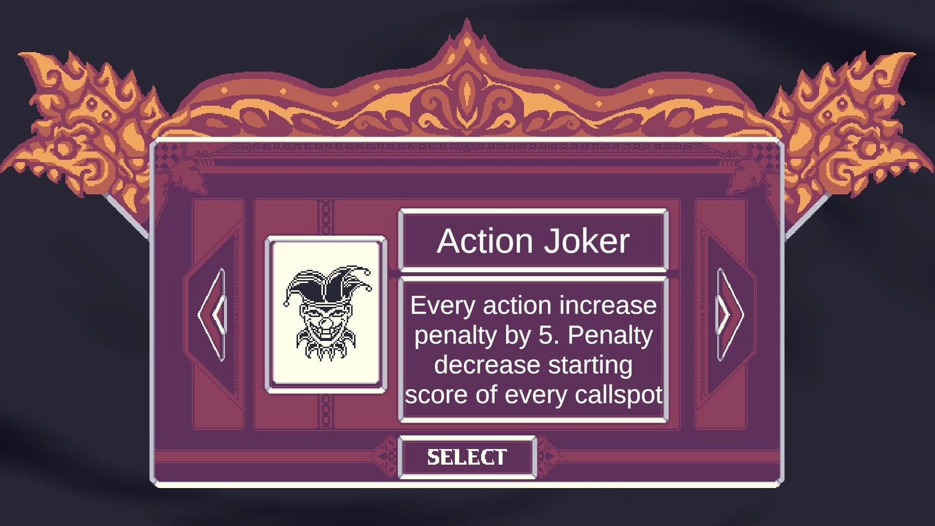 Samota: Action Joker card selection popup with jester icon and Select button in ornate frame.