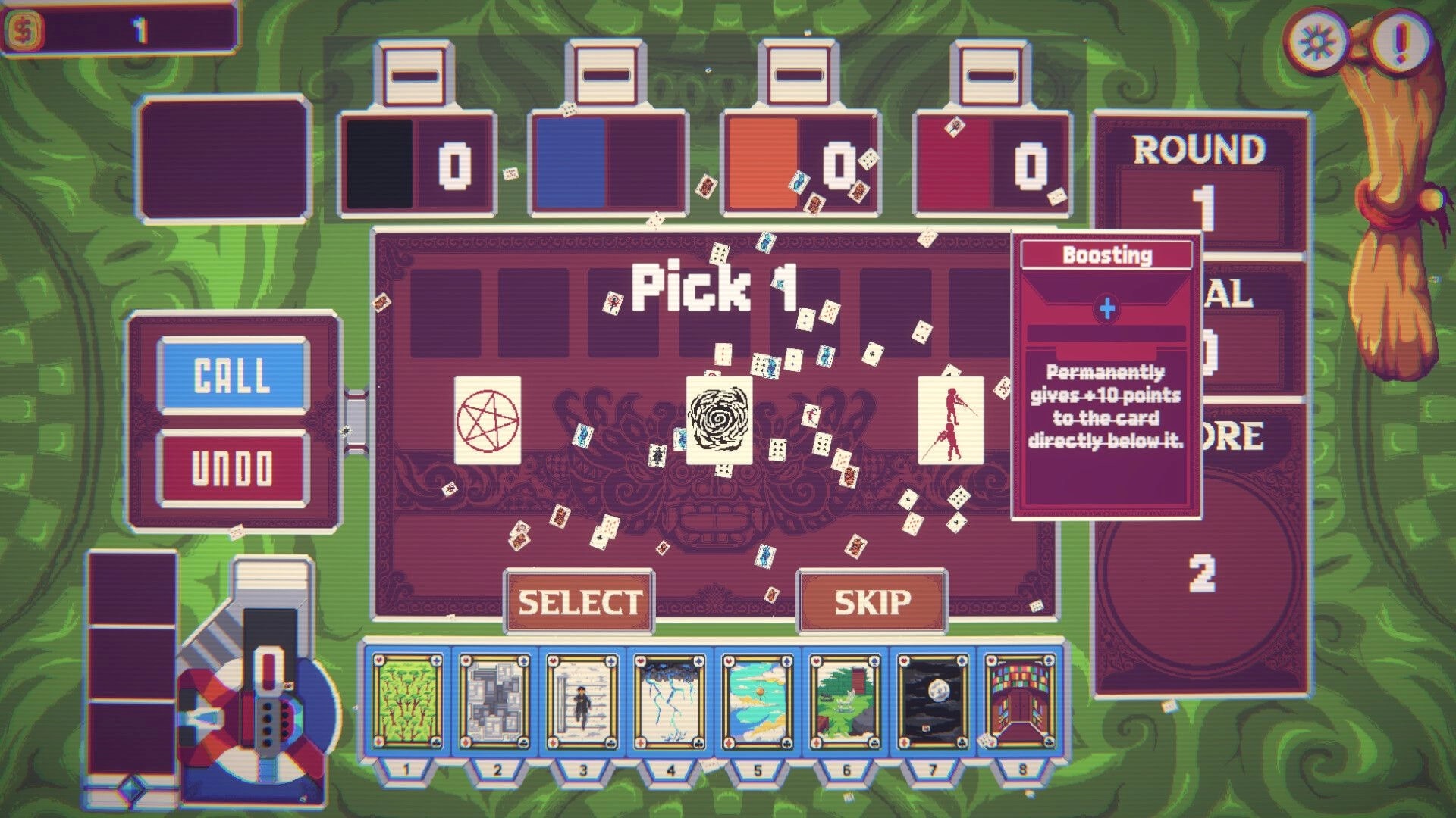 Samota: Pick 1 card reward with Select and Skip buttons, Round 1 UI on green patterned board.