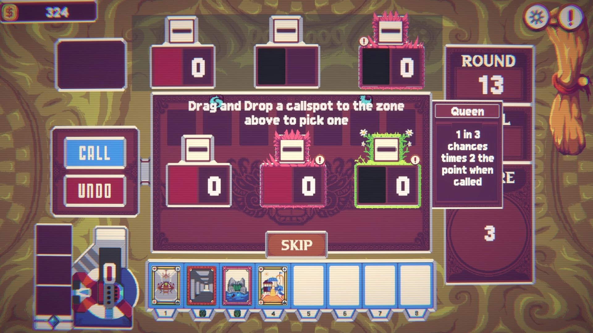 Samota: Drag-and-drop callspot selection UI with Call and Undo buttons in Round 13 screen.