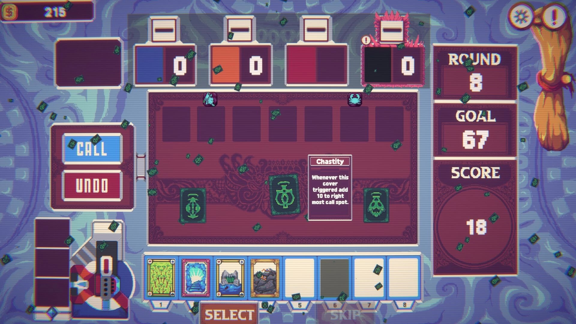 Samota: Card selection with Chastity cover tooltip and CALL/UNDO buttons in Round 8 board UI.