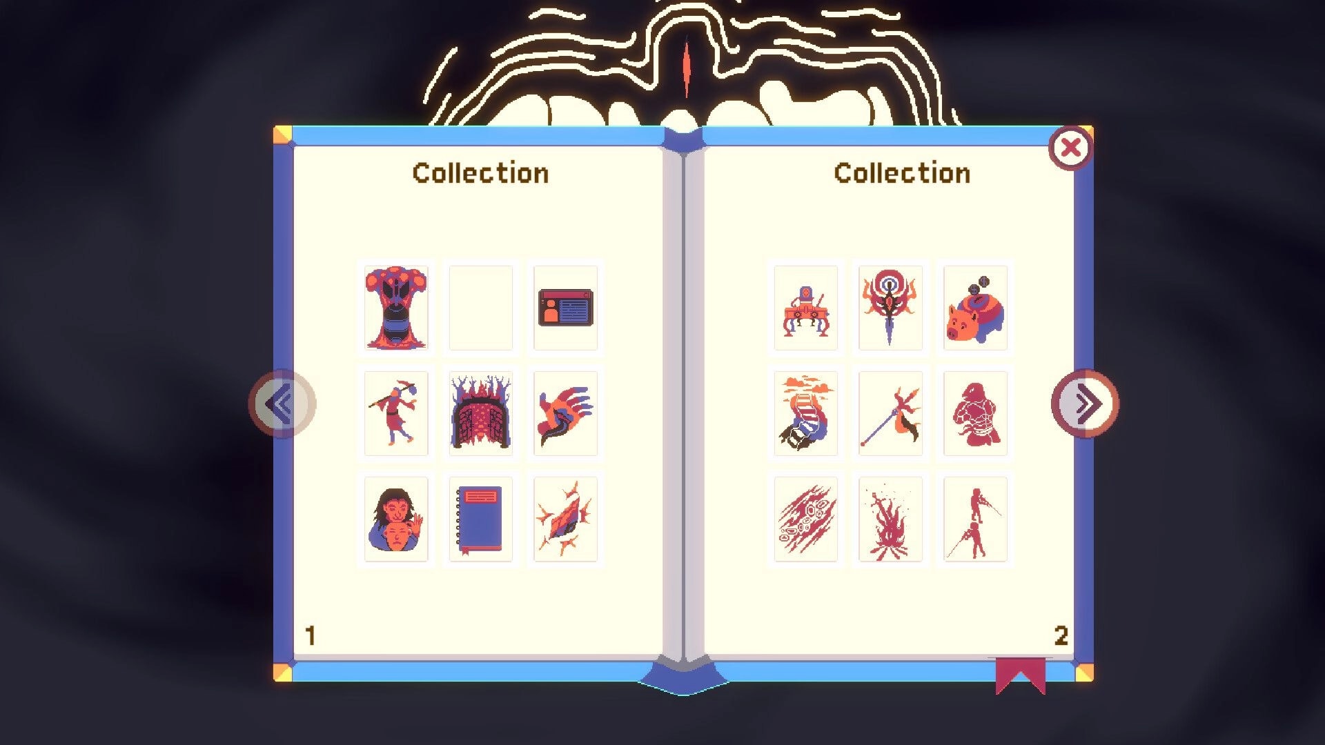Samota: Collection book menu with icon grid and page arrows on a dark background with glowing mouth.