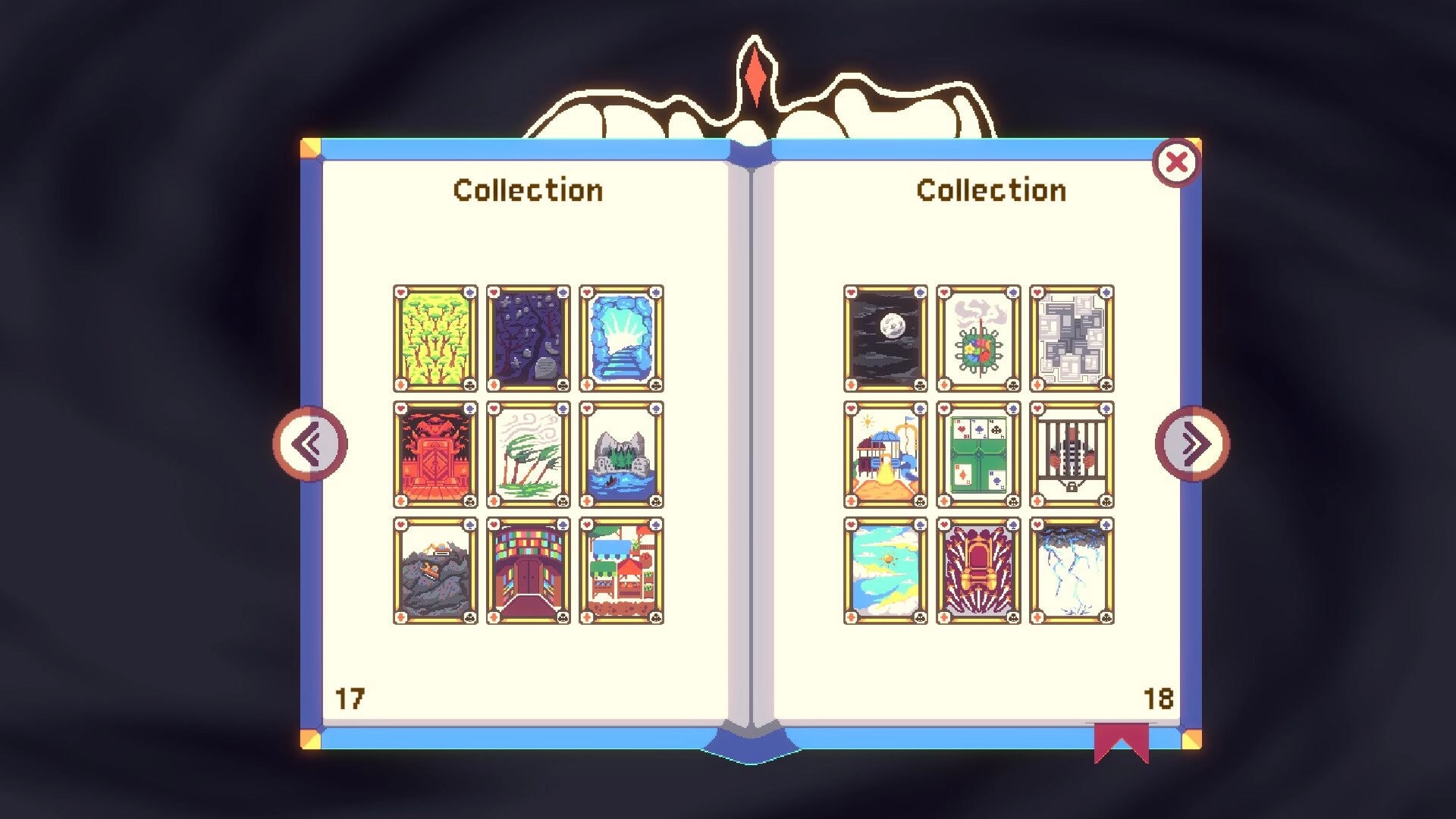 Samota: Collection book menu with two pages of illustrated cards and left-right page arrows UI.