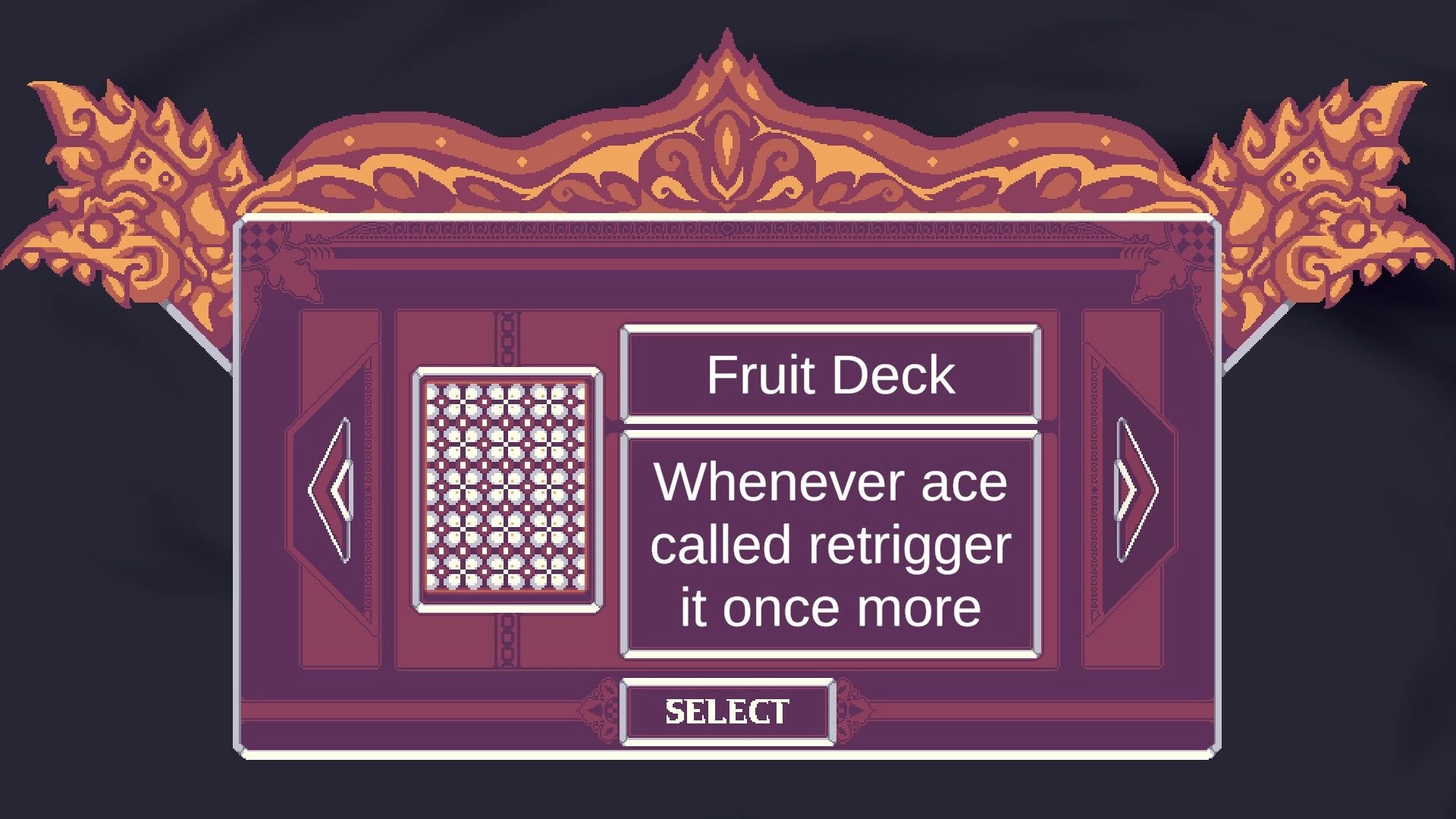 Samota: Fruit Deck selection menu showing card back and ace retrigger effect in ornate UI panel.
