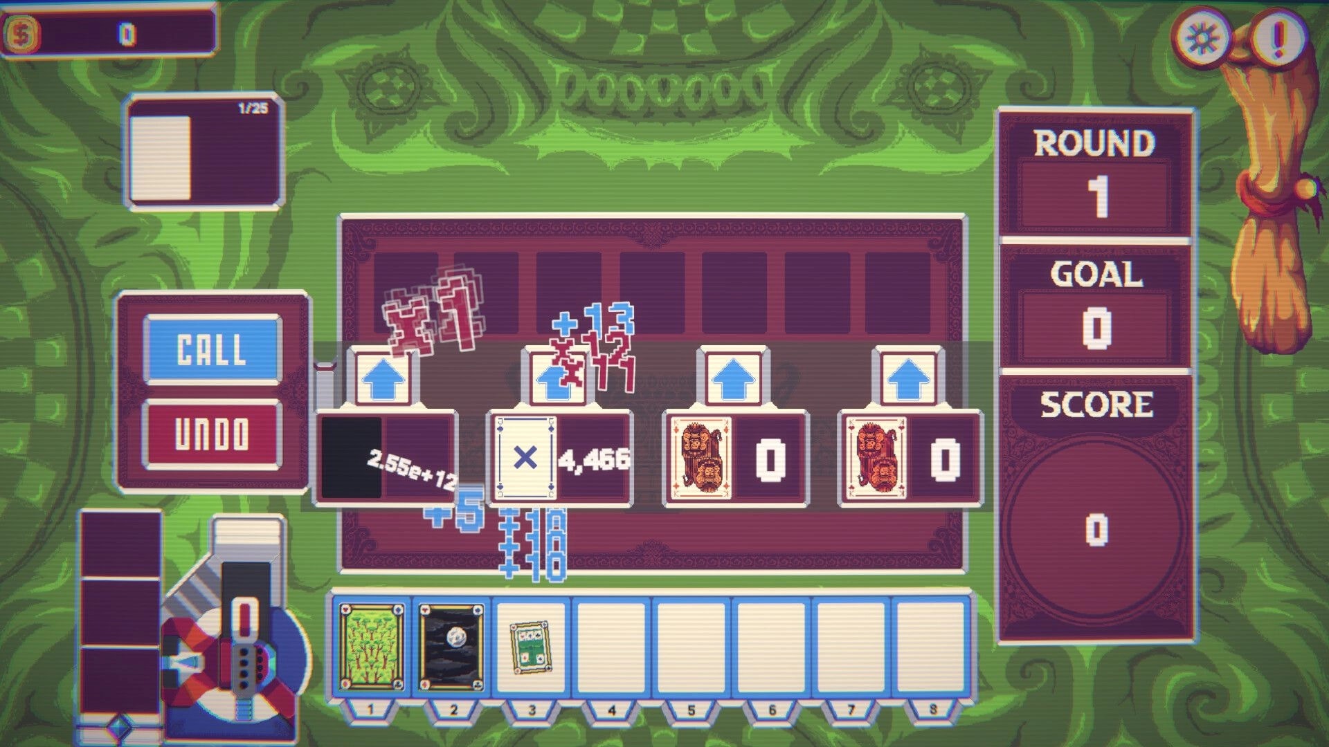 Samota: Card stack with +13 and x4,466 multipliers, Call and Undo buttons on green board UI.
