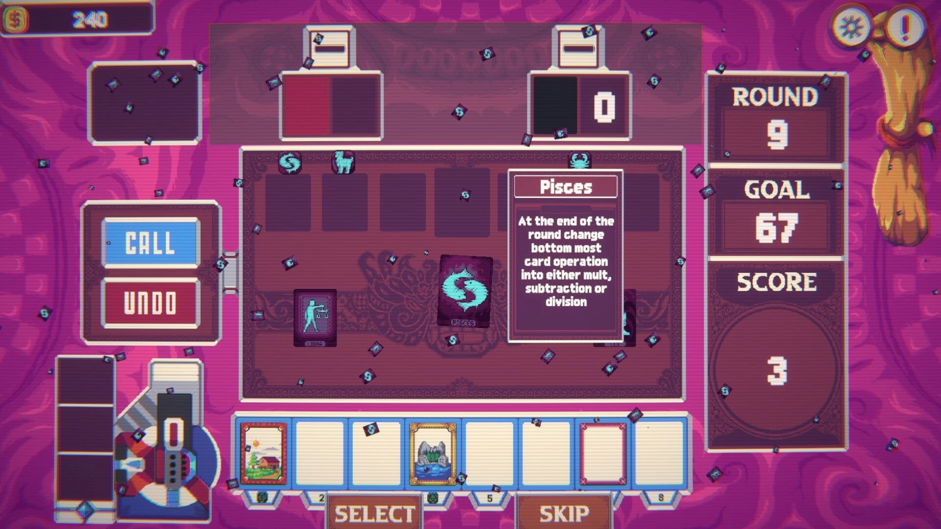Samota: Card selection with Pisces effect tooltip and CALL/UNDO buttons on a neon purple board UI.